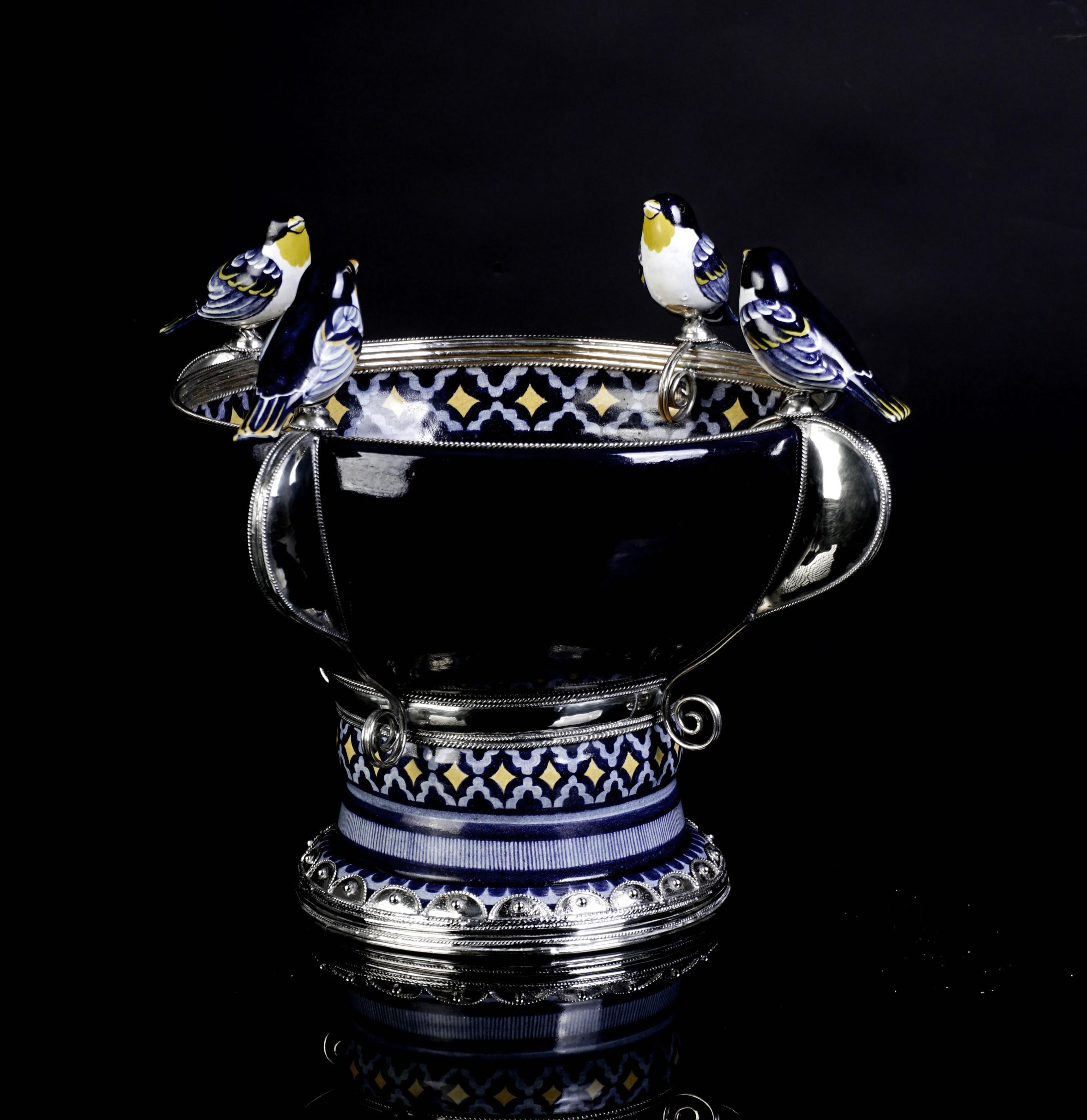 Mexican Ceramic and White Metal 'Alpaca' Bird Bowl Centrepiece