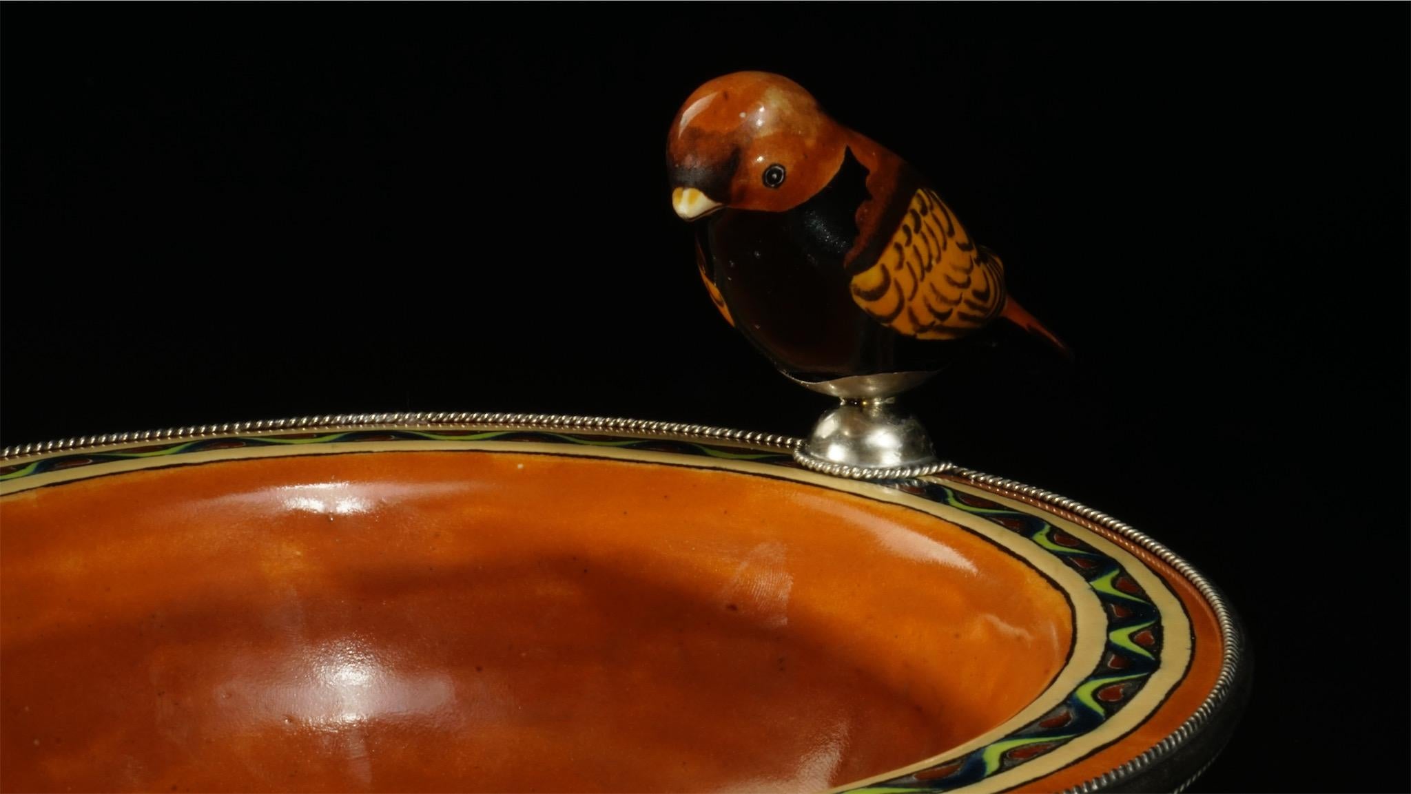 Metalwork Ceramic and White Metal 'Alpaca' Bird Bowl Centrepiece