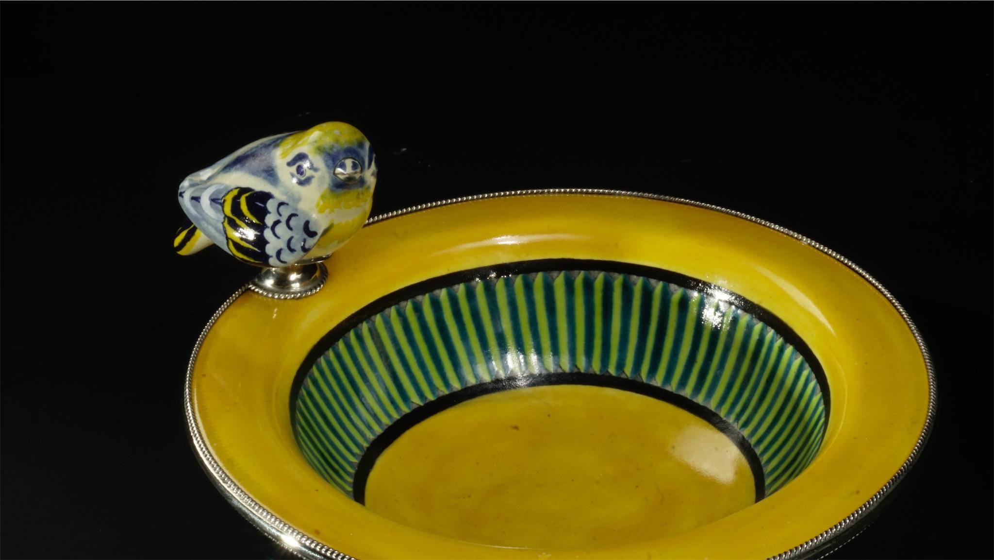 Metalwork Ceramic and White Metal 'Alpaca' Bird Bowl Centrepiece