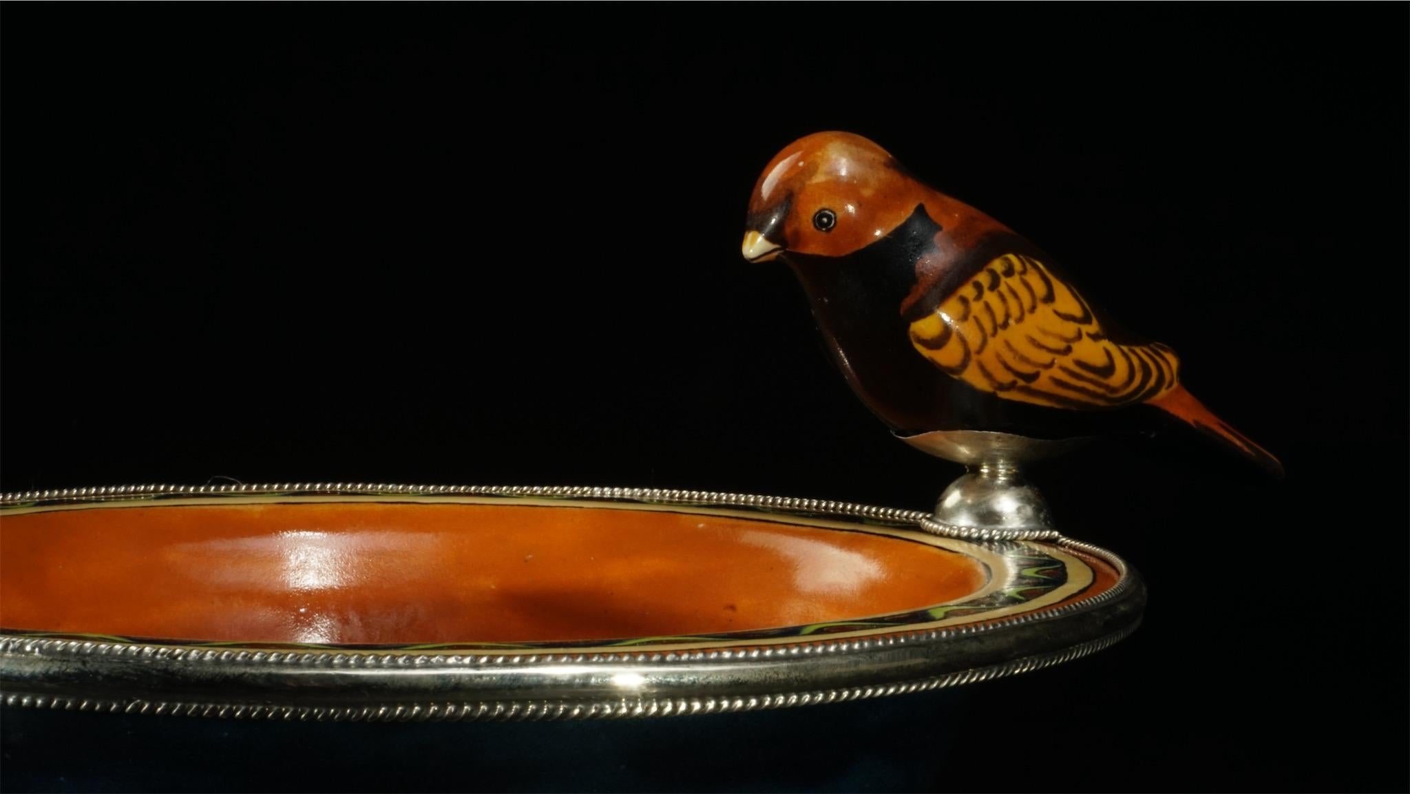 Ceramic and White Metal 'Alpaca' Bird Bowl Centrepiece In New Condition In Guadalajara, Jalisco
