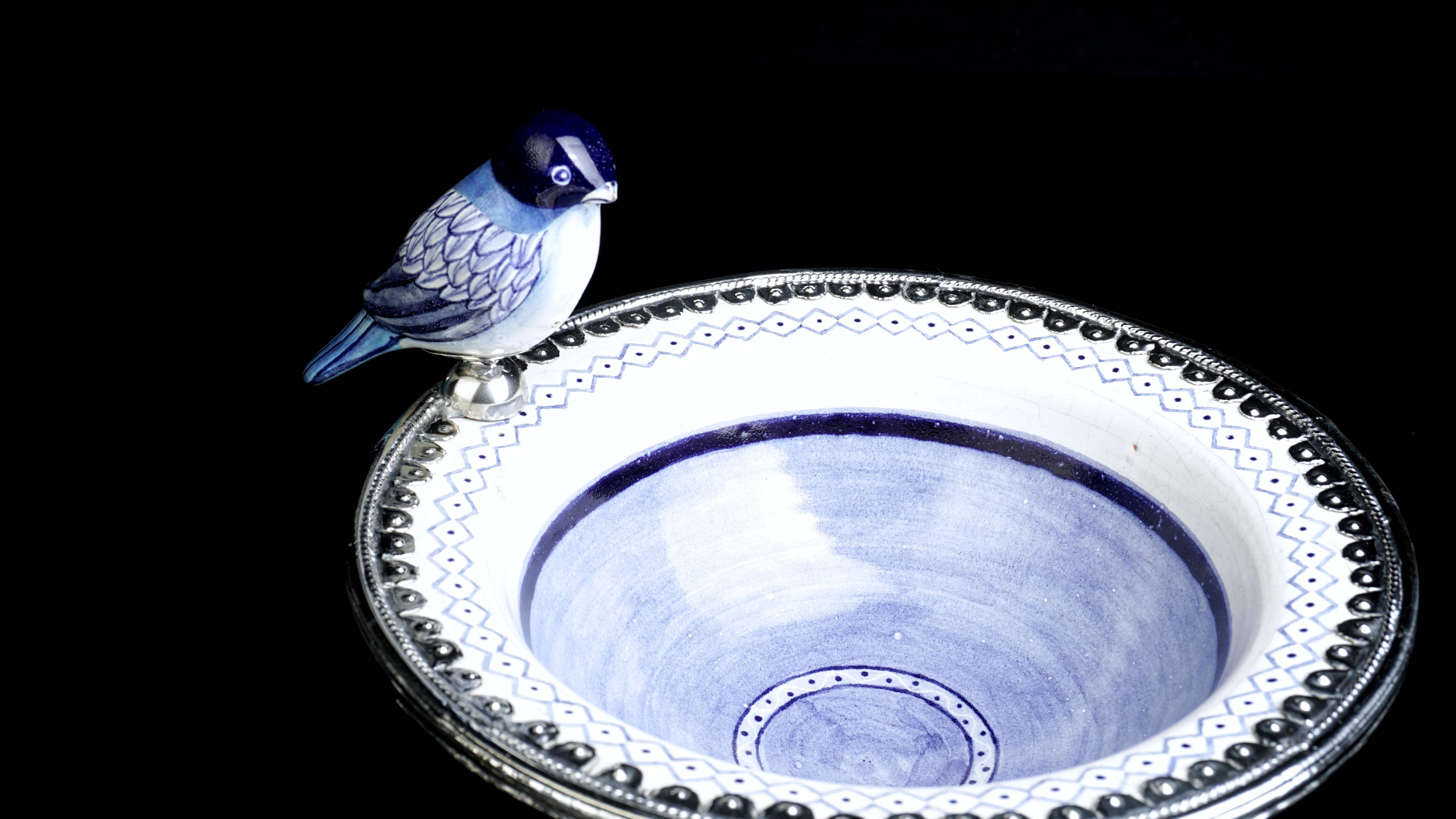 Contemporary Ceramic and White Metal 'Alpaca' Bird Bowl Centrepiece