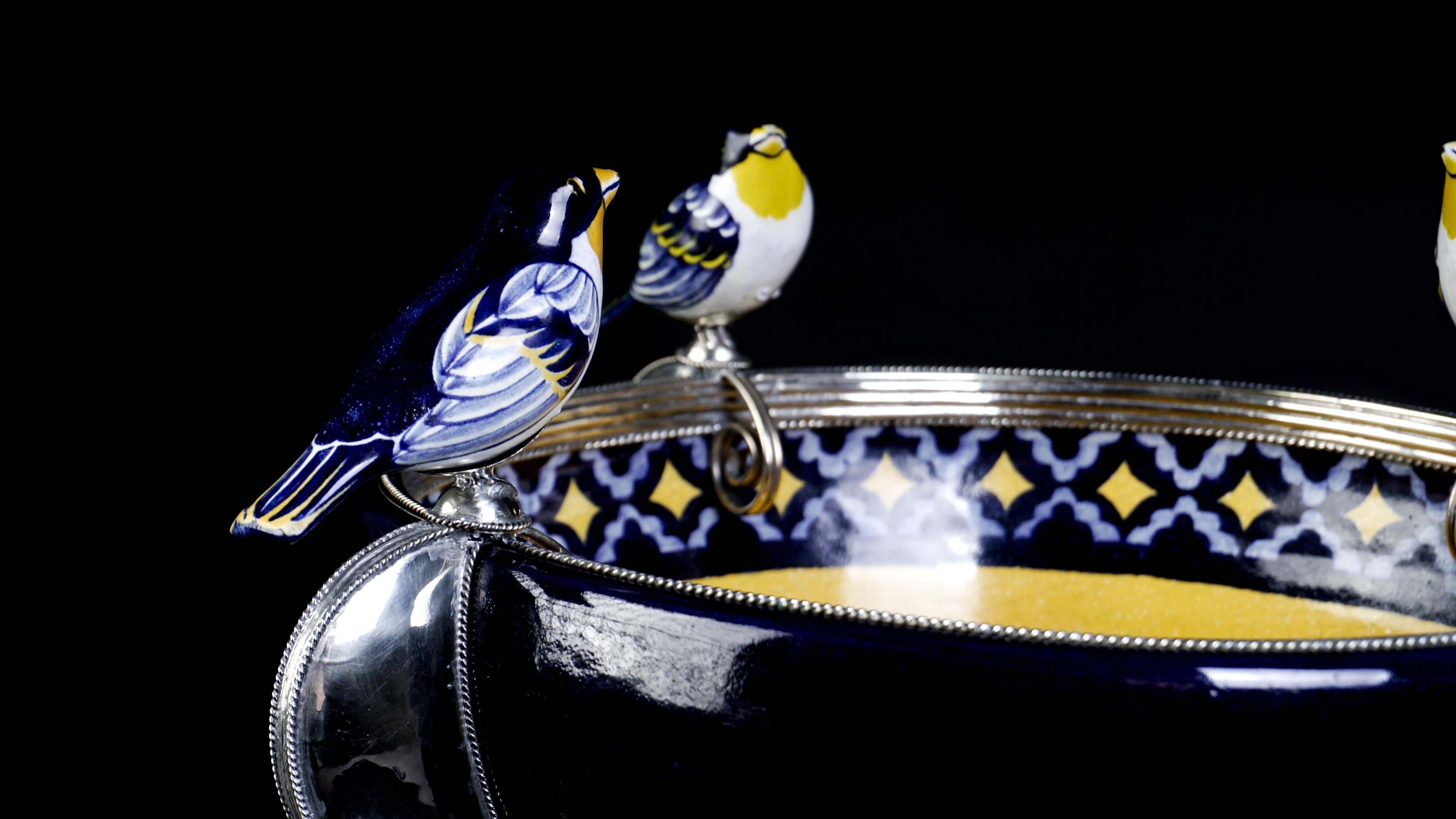 Contemporary Ceramic and White Metal 'Alpaca' Bird Bowl Centrepiece