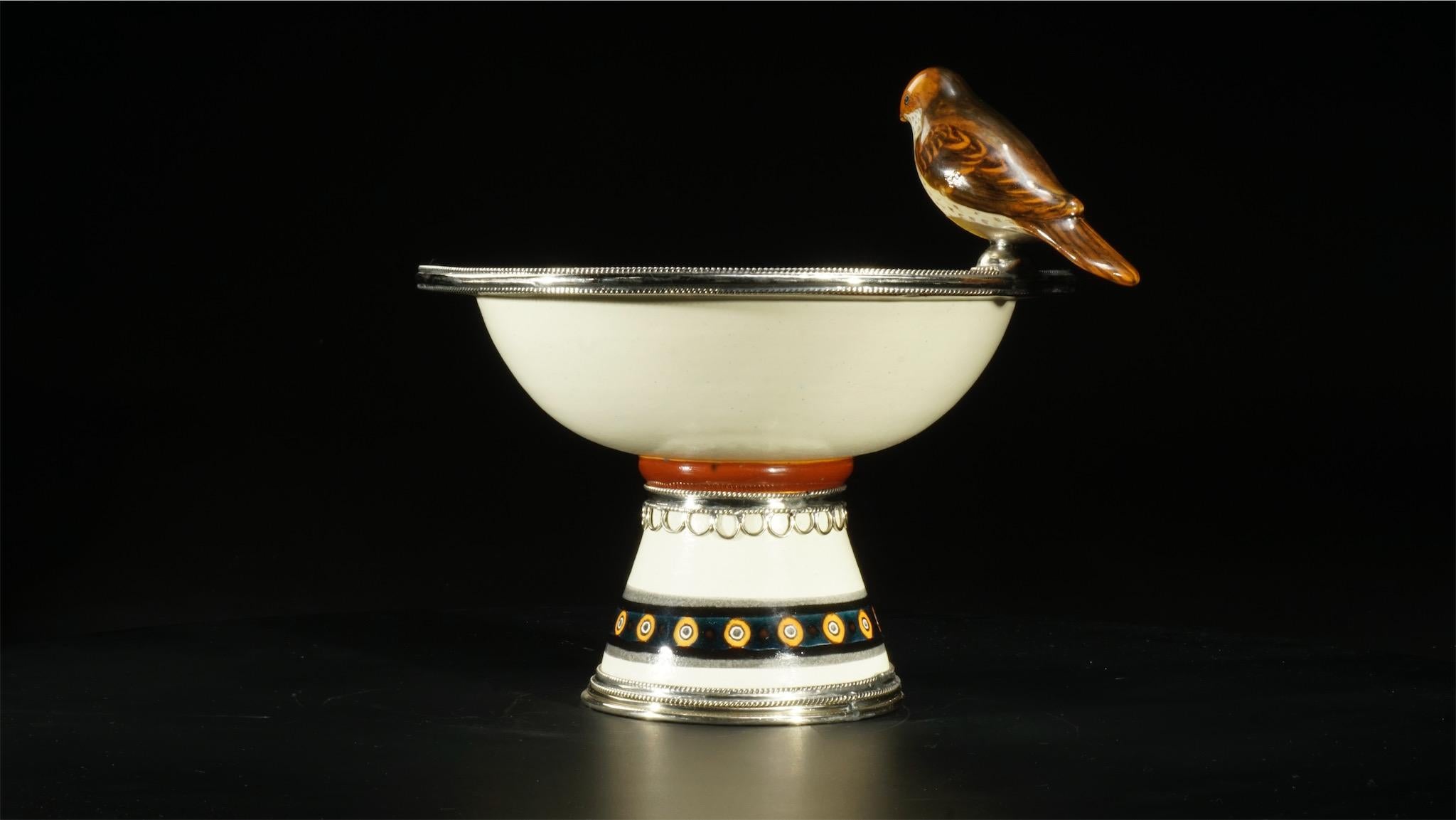 Ceramic and White Metal 'Alpaca' Bird Bowl Centrepiece 1