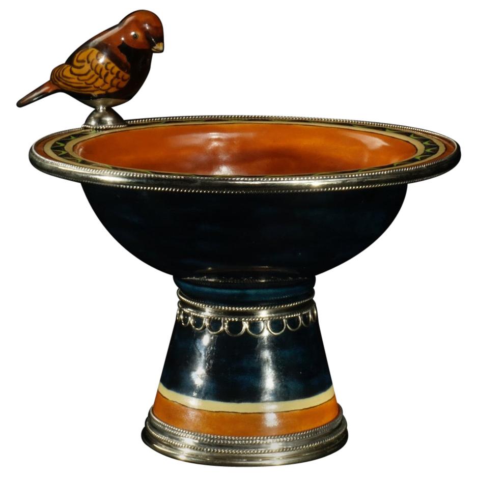 Ceramic and White Metal 'Alpaca' Bird Bowl Centrepiece