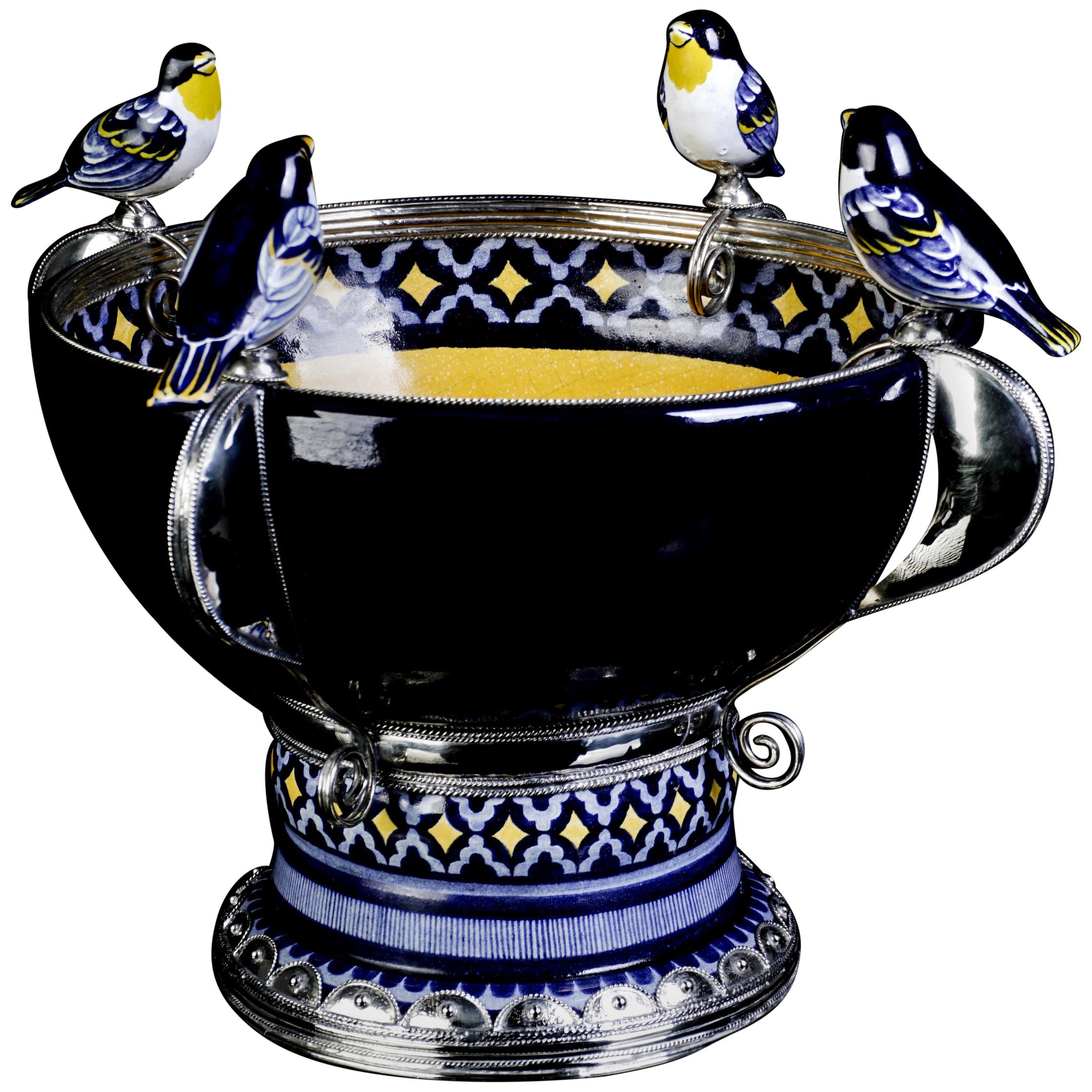 Ceramic and White Metal 'Alpaca' Bird Bowl Centrepiece