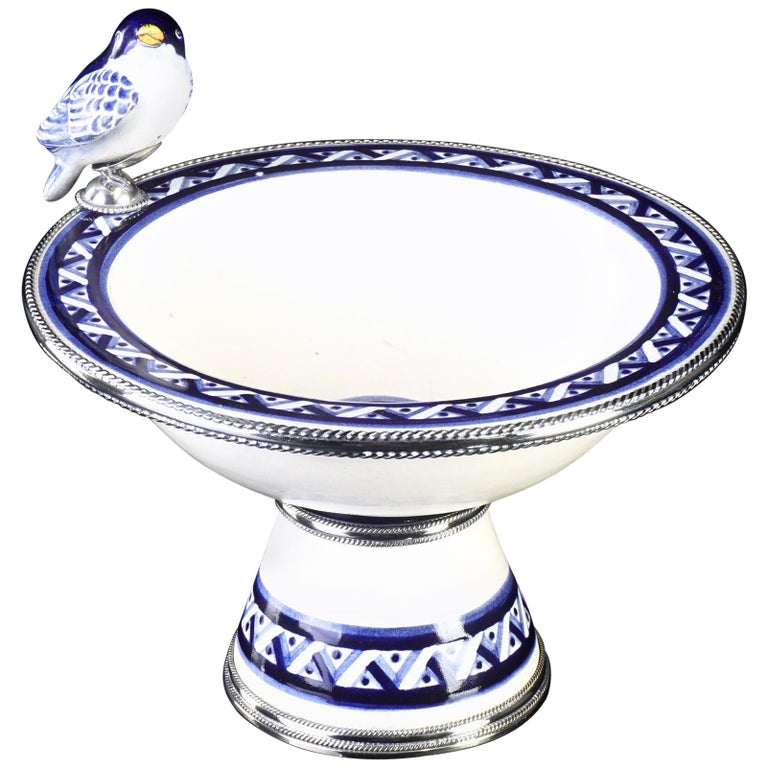 Ceramic and White Metal 'Alpaca' Bird Bowl Centrepiece For Sale