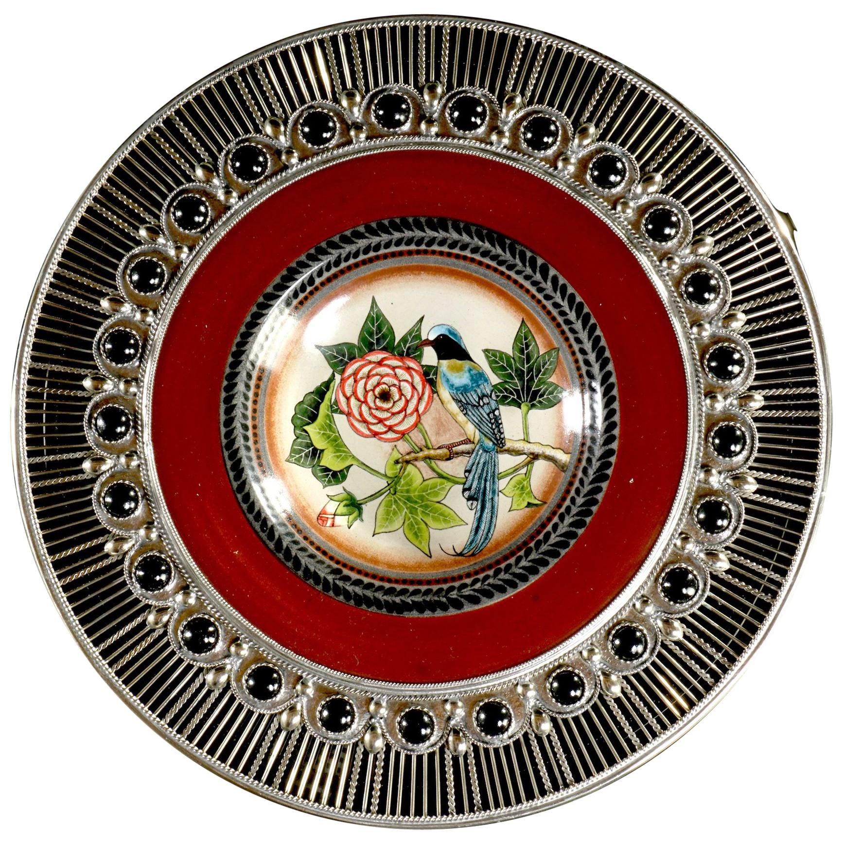 Ceramic and White Metal 
Alpaca
 Birds Set of Five Plates For Sale