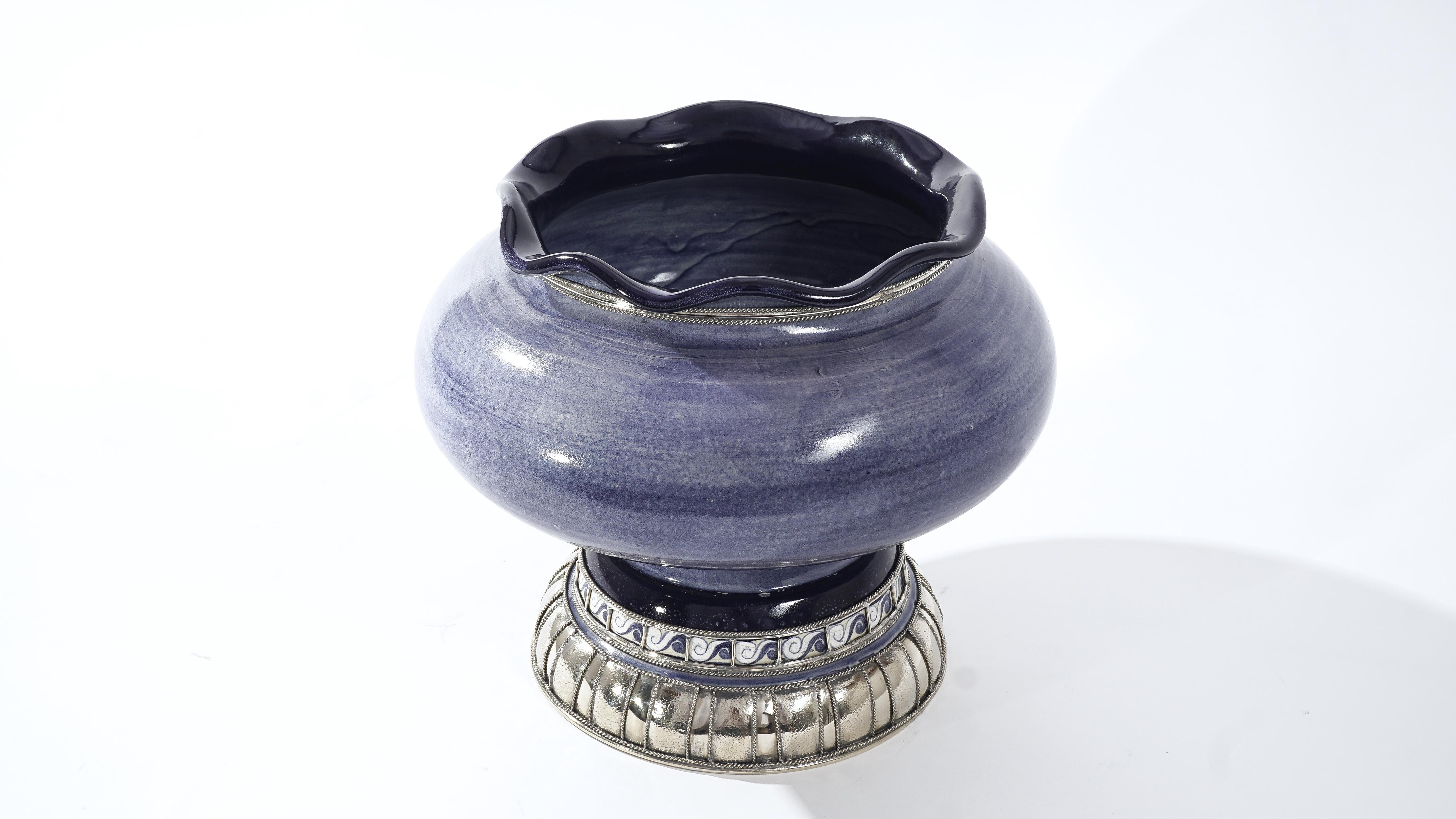 Ceramic and White Metal 'Alpaca' Bowl Centerpiece For Sale 3