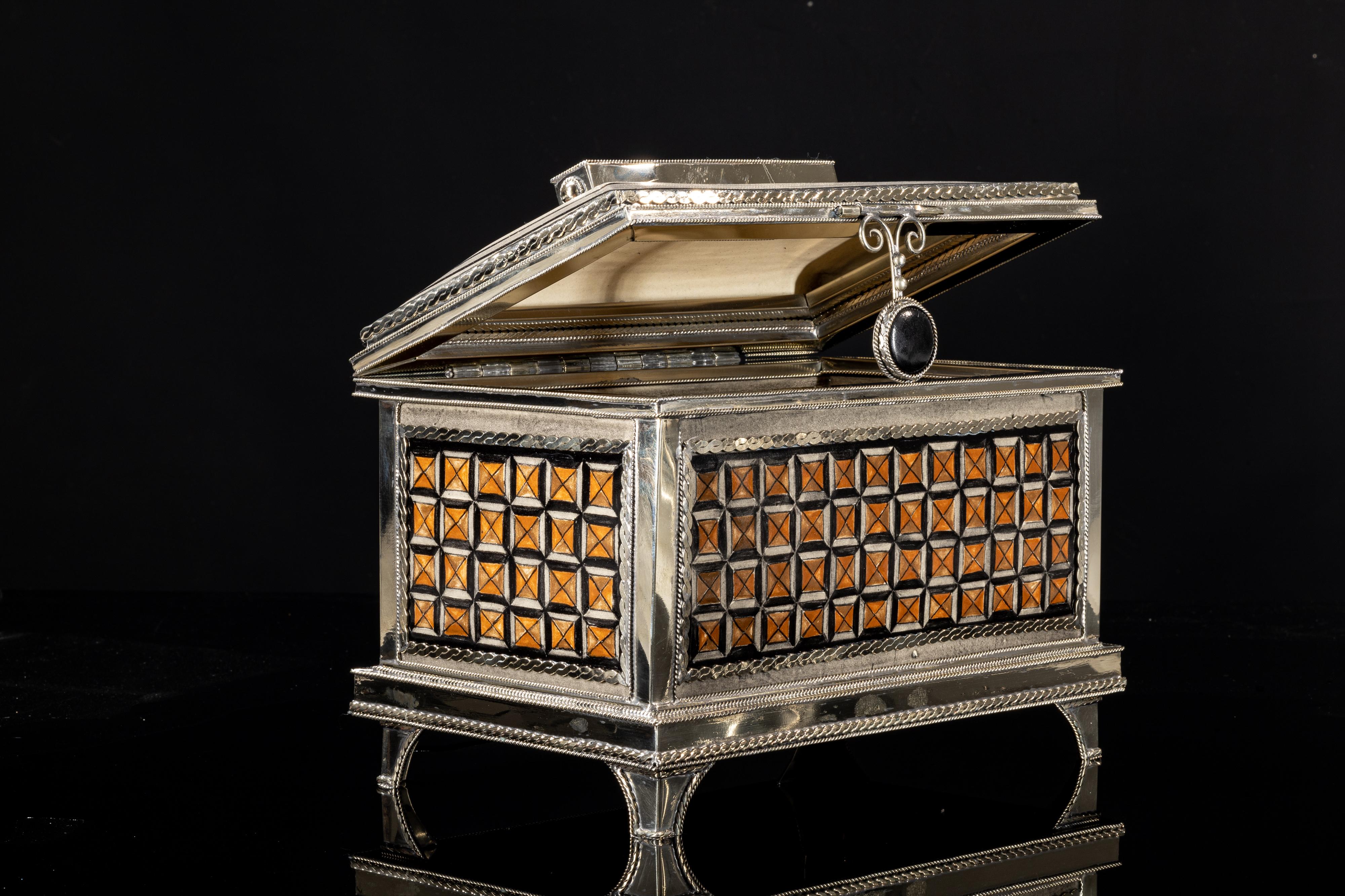 Other Ceramic and White Metal 'Alpaca' Box with Hand Painted Motives For Sale