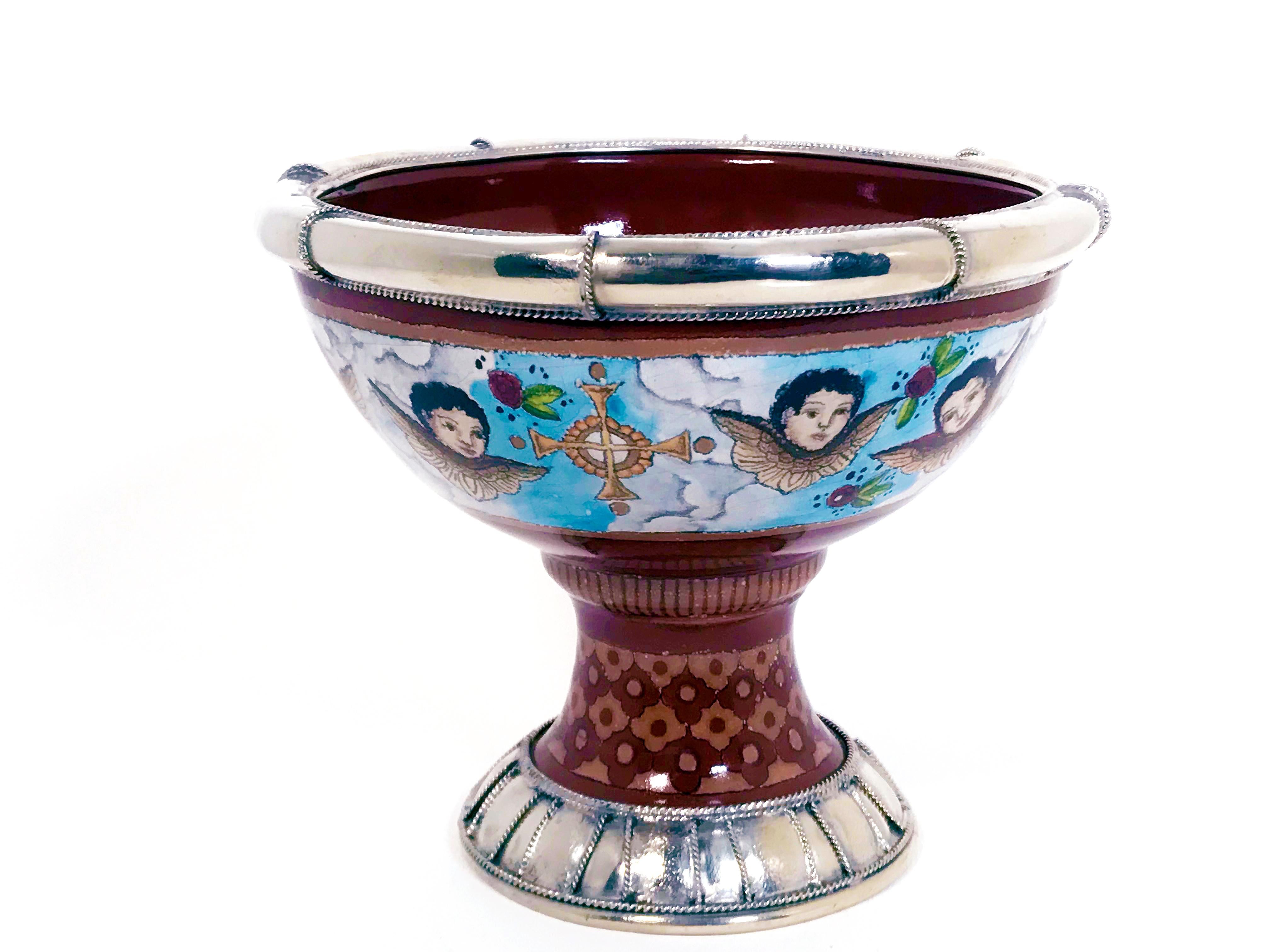 Ceramic and White Metal 'alpaca' Cherubs Bowl Centrepiece (Glasiert)