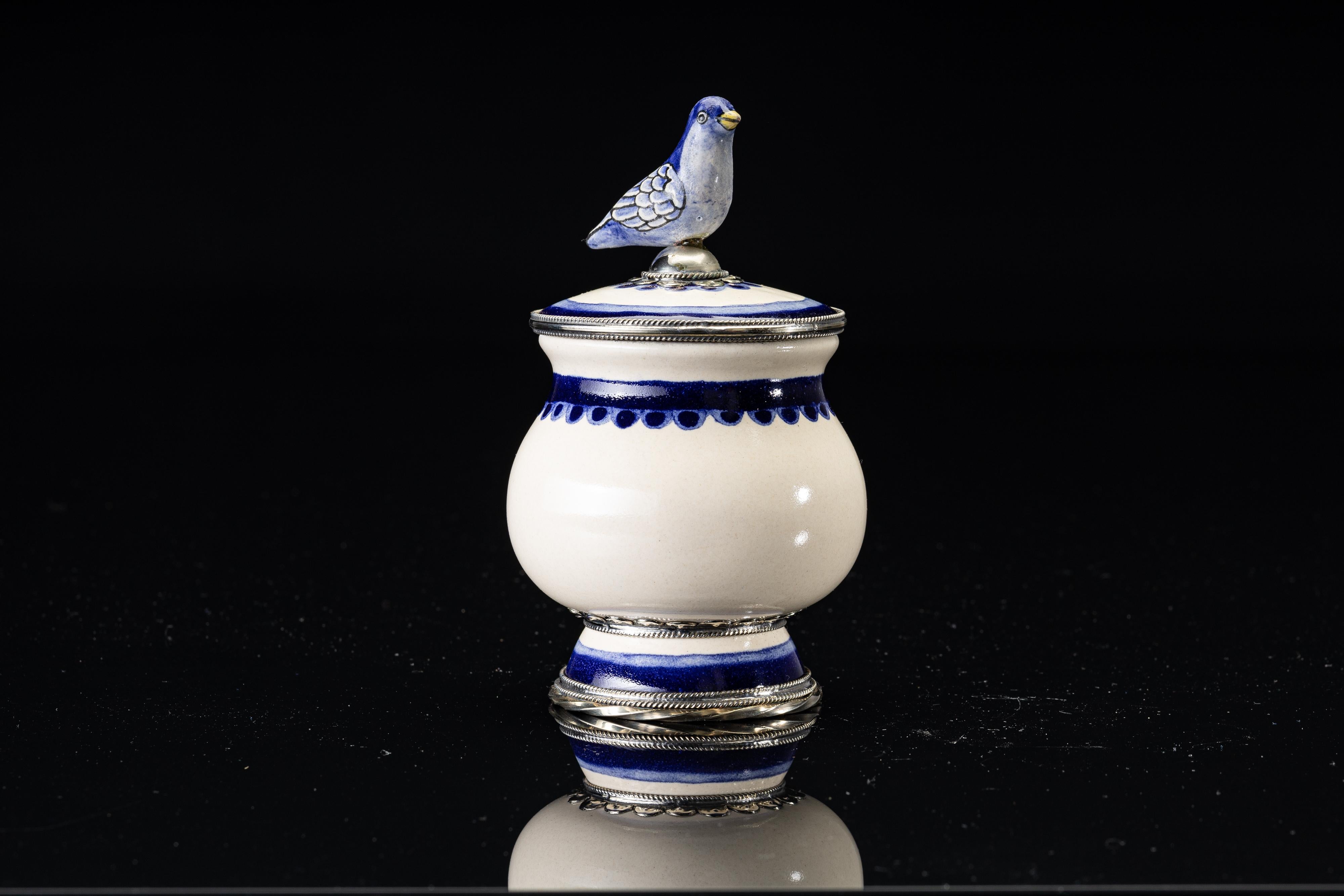 Glazed Ceramic and White Metal 'Alpaca' Compote Bird Centrepiece