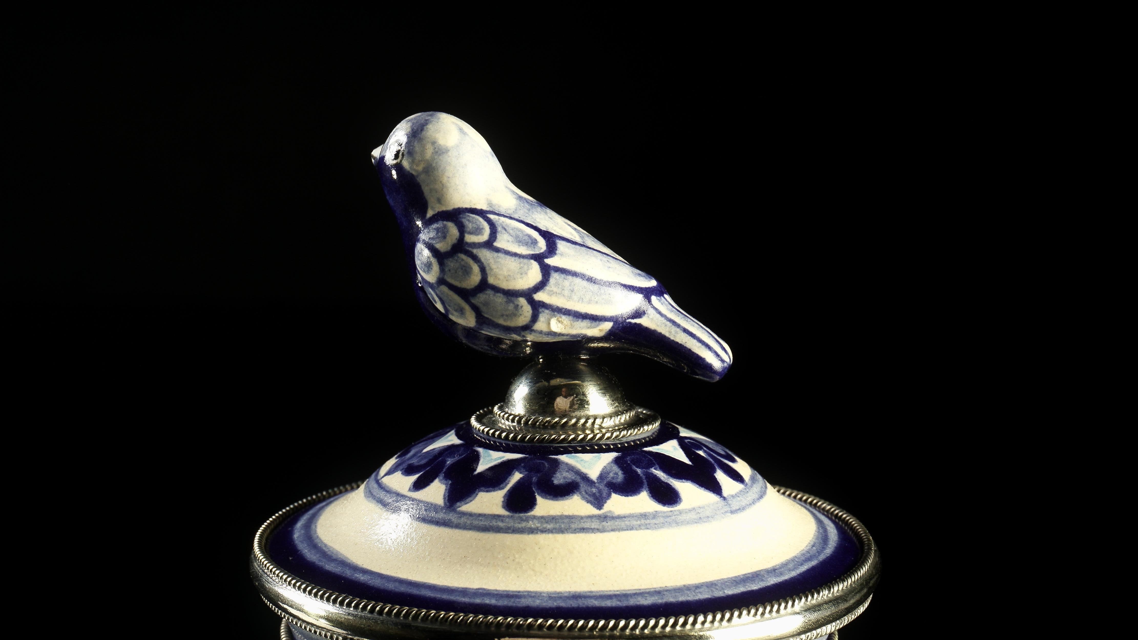 Glazed Ceramic and White Metal 'Alpaca' Compote Bird Pair Centrepiece