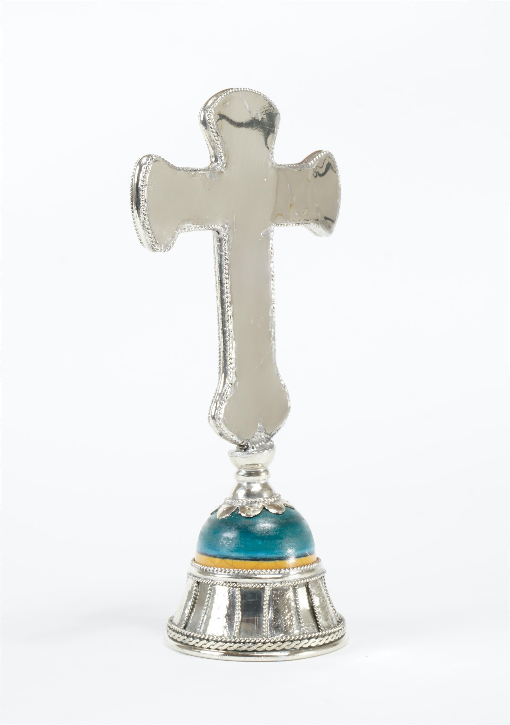 Mexican Ceramic and White Metal 'Alpaca' Crucifix with Cerámic Corpus of Christ