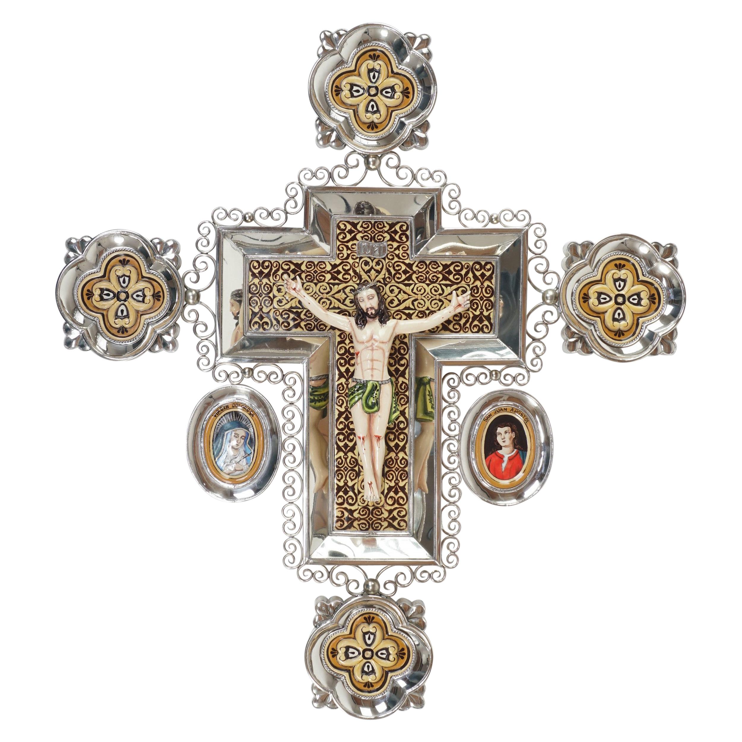 Ceramic and White Metal 'Alpaca' Crucifix with Cerámic Corpus of Christ