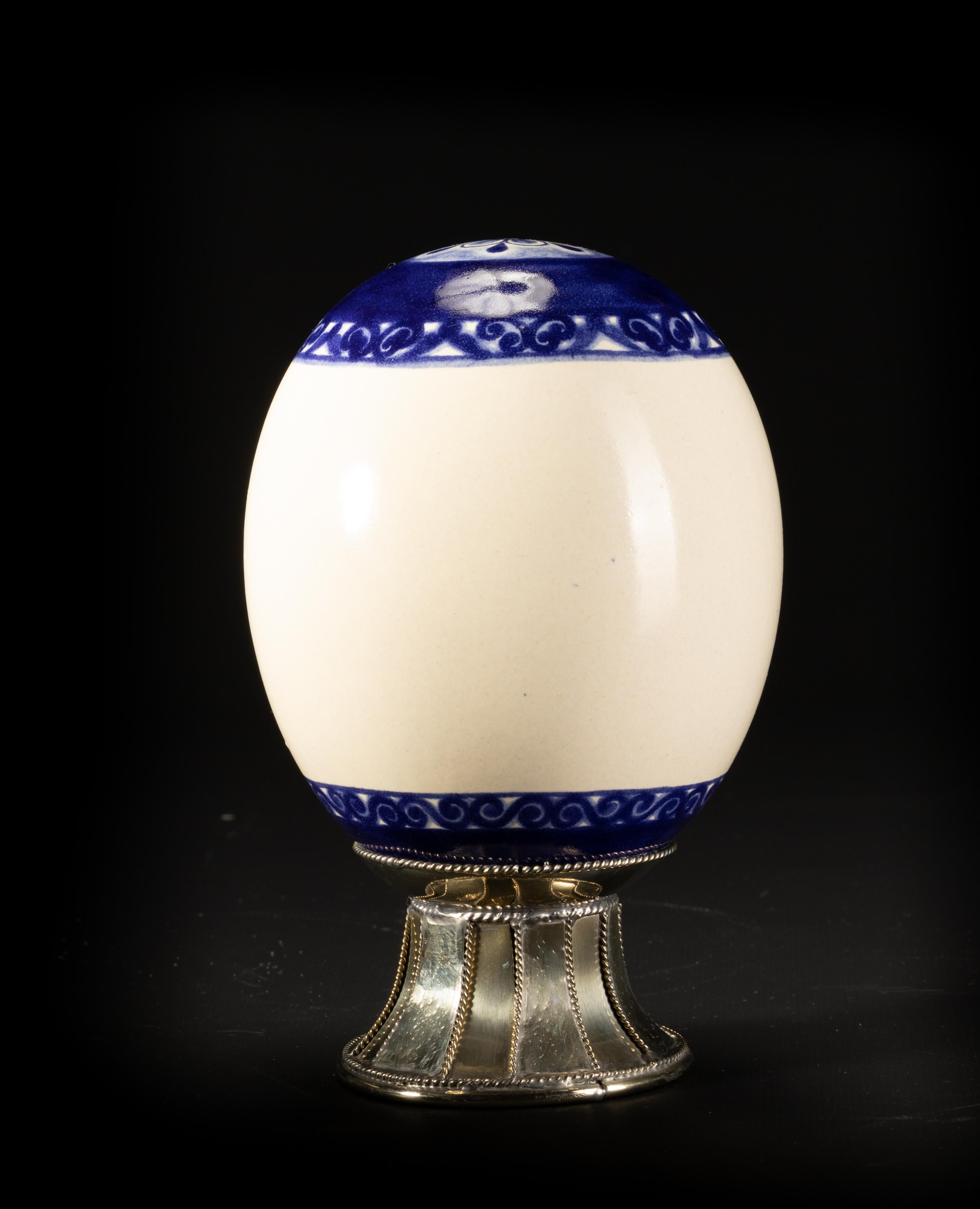 Embossed Ceramic and White Metal 'Alpaca' Egg with Hand Painted Motives