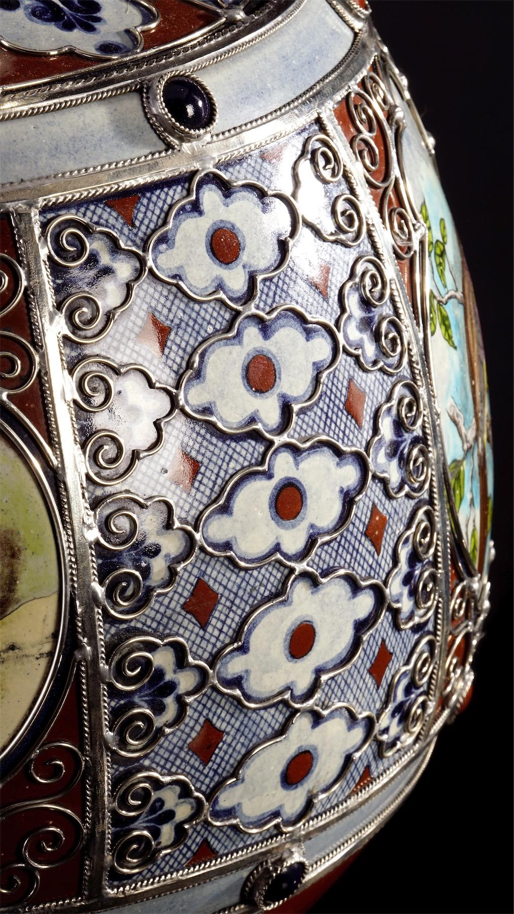 Ceramic and White Metal 'Alpaca' Jar with Birds 5