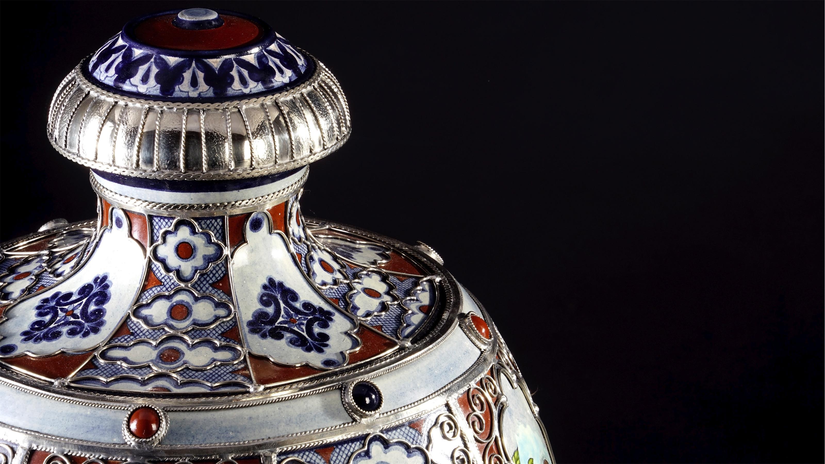 Contemporary Ceramic and White Metal 'Alpaca' Jar with Birds