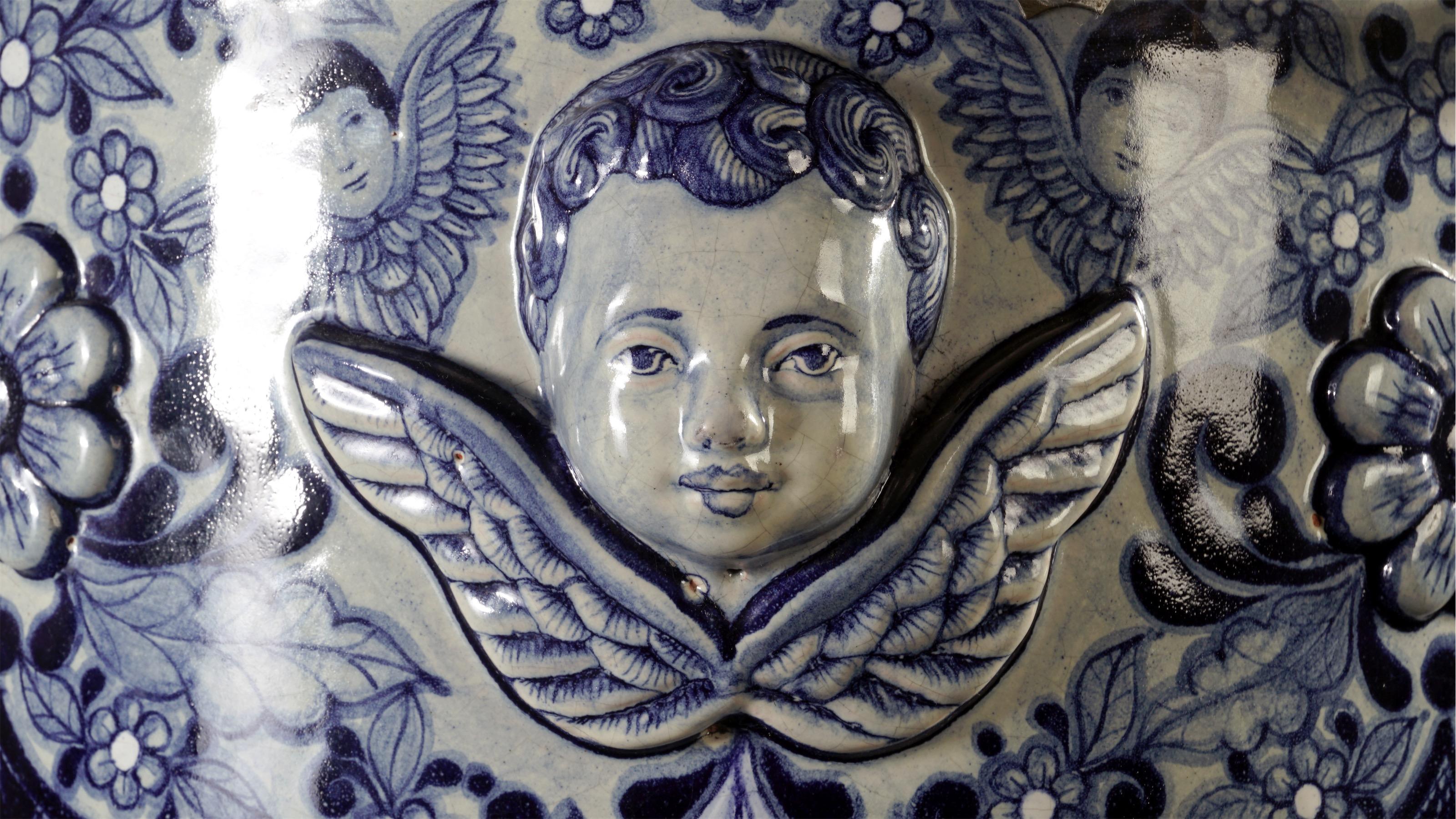 Ceramic and White Metal 'Alpaca' Jar with cherubs In New Condition In Guadalajara, Jalisco