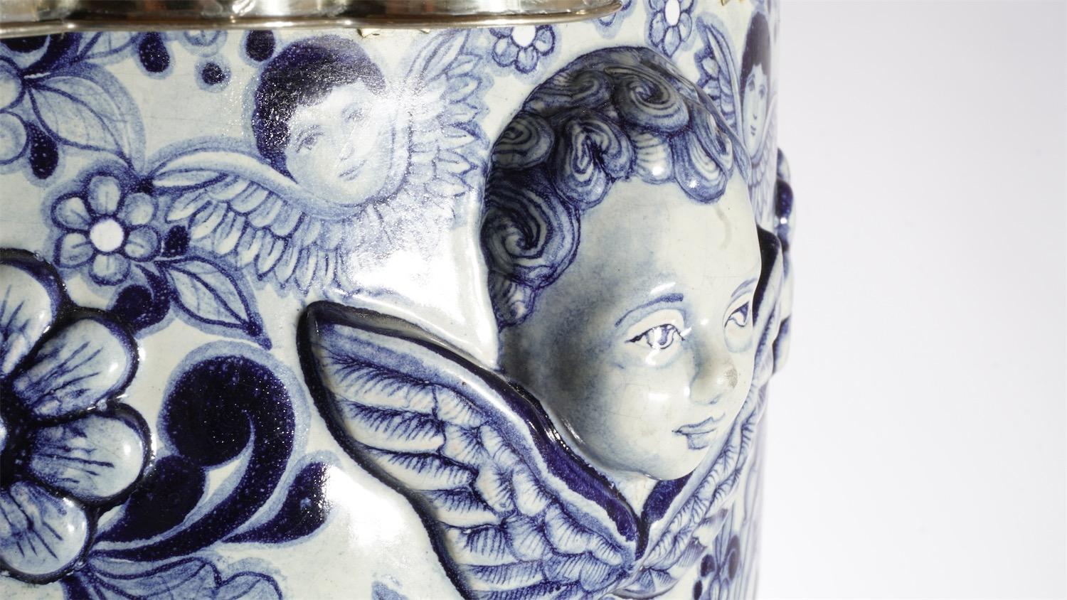 Contemporary Ceramic and White Metal 'Alpaca' Jar with cherubs