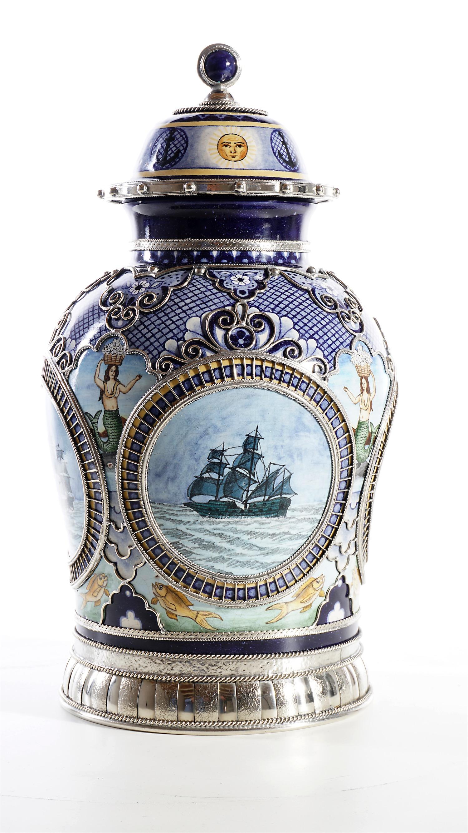 Mexican Ceramic and White Metal 'Alpaca' Jar with Hand Painted Galeons, Mermaids