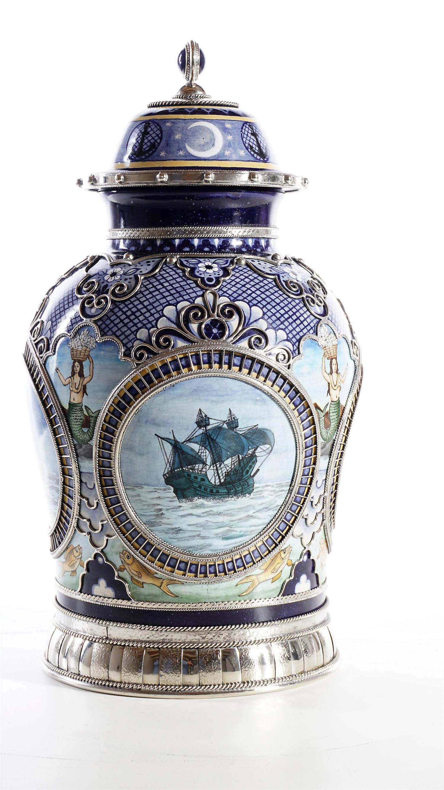 Glazed Ceramic and White Metal 'Alpaca' Jar with Hand Painted Galeons, Mermaids