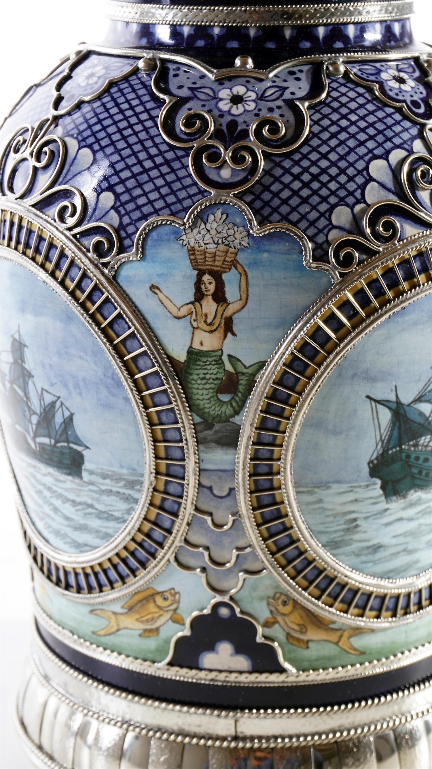 Ceramic and White Metal 'Alpaca' Jar with Hand Painted Galeons, Mermaids In New Condition In Guadalajara, Jalisco