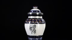 Ceramic and White Metal 'Alpaca' Jar with Hand Painted Motives