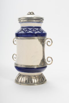 Ceramic and White Metal 'Alpaca' Jar with Hand Painted Motives