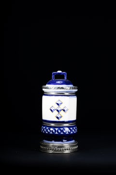 Ceramic and White Metal 'Alpaca' Jar with Hand Painted Motives