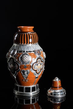 Ceramic and White Metal 'Alpaca' Jar with Hand Painted Motives