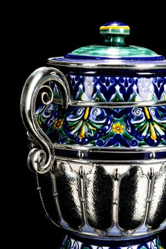 Ceramic and White Metal 'Alpaca' Jar with Hand Painted Motives