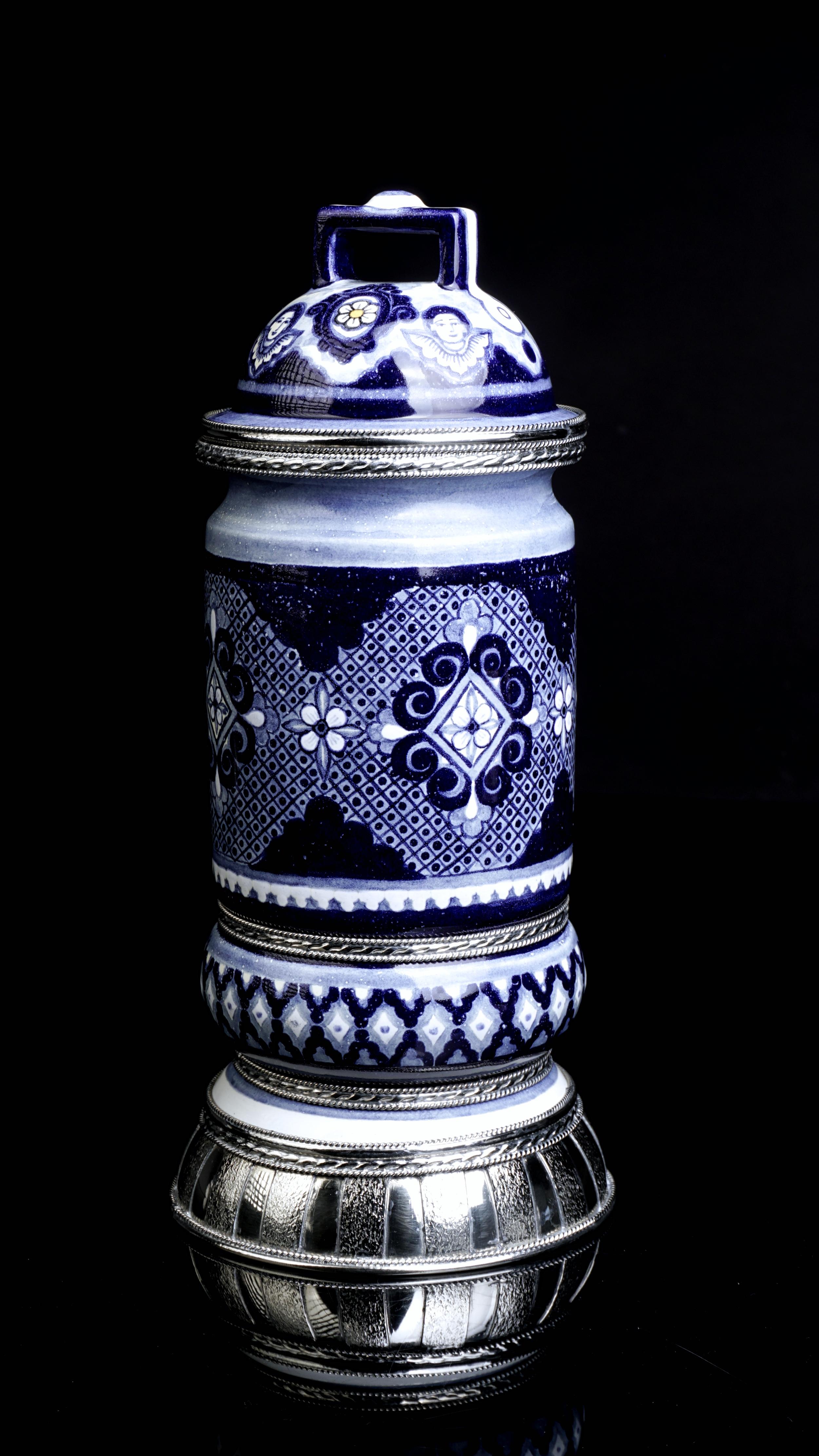 Other Ceramic and White Metal 'Alpaca' Jar with Hand Painted Motives