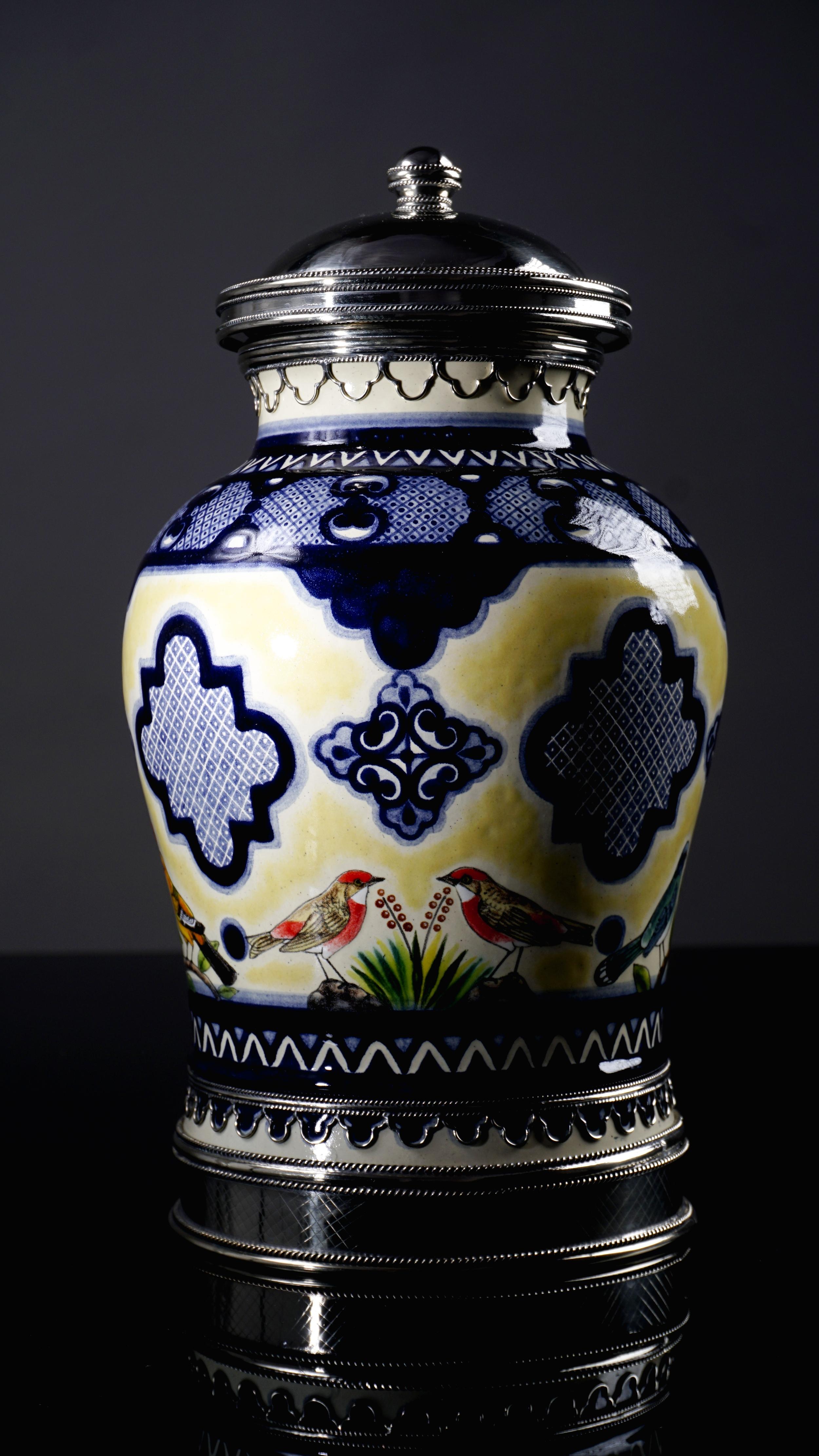 Other Ceramic and White Metal 'Alpaca' Jar with Hand Painted Motives