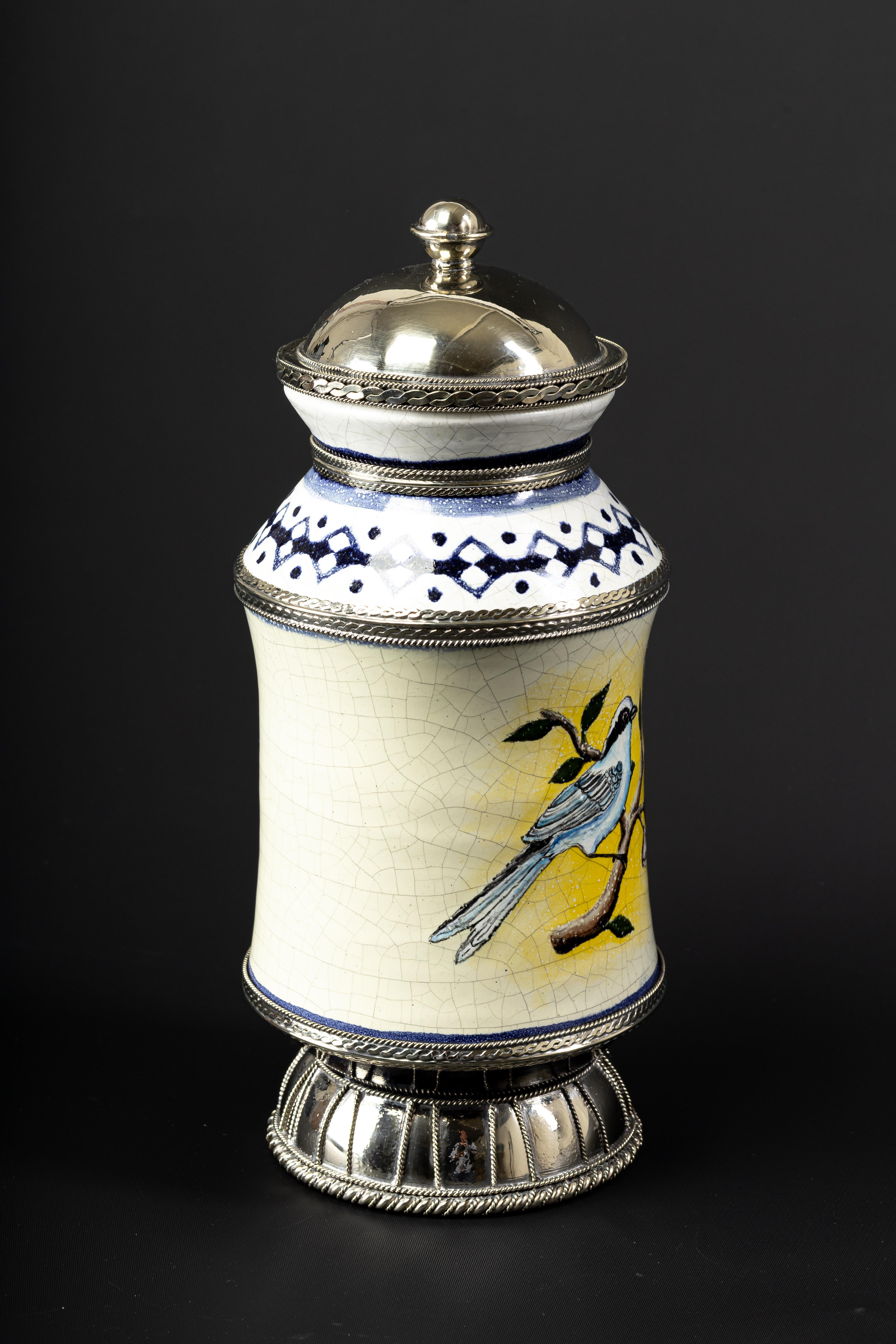 Other Ceramic and White Metal 'Alpaca' Jar with Hand Painted Motives