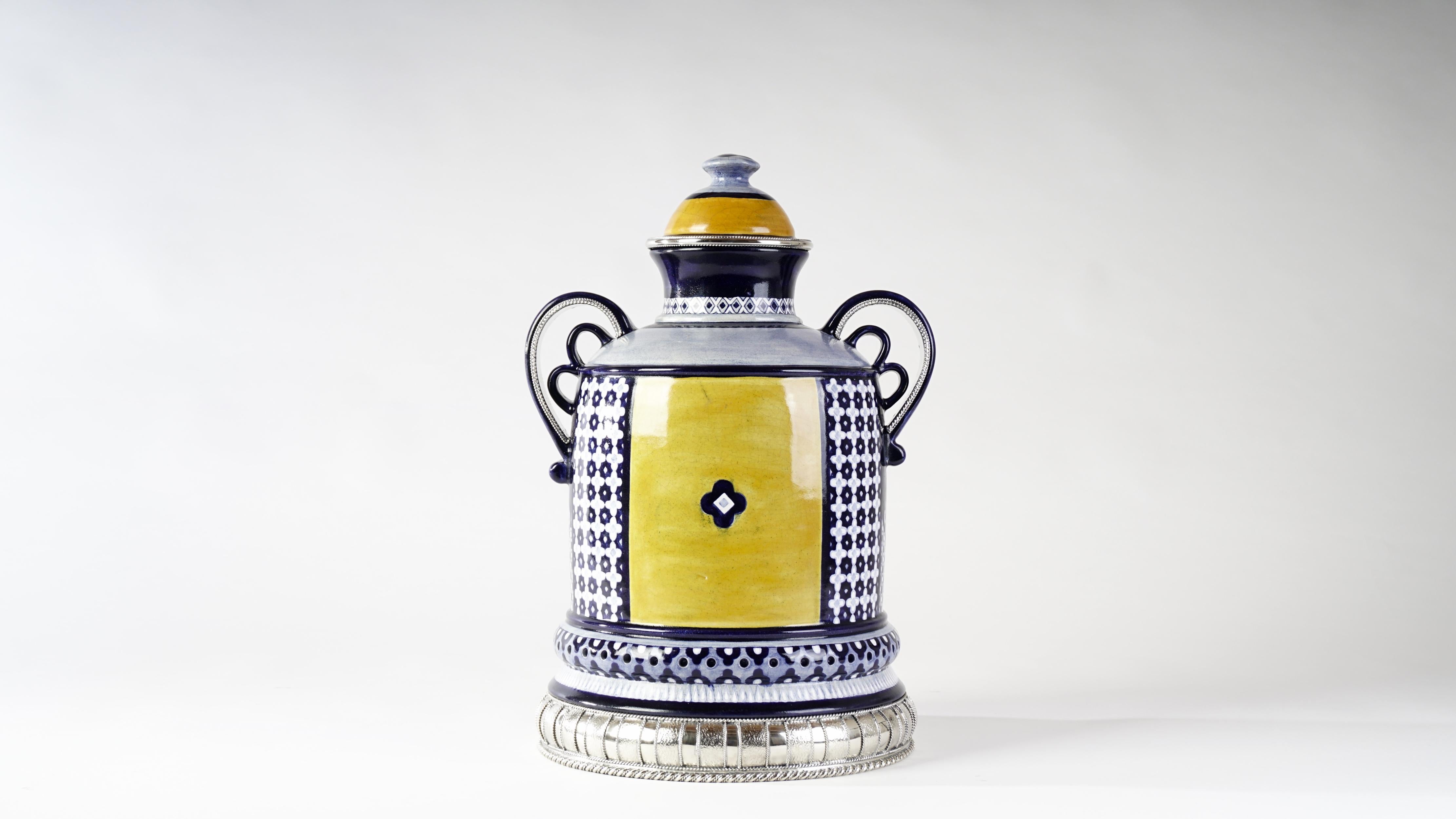 Mexican Ceramic and White Metal 'Alpaca' Jar with Hand Painted Motives