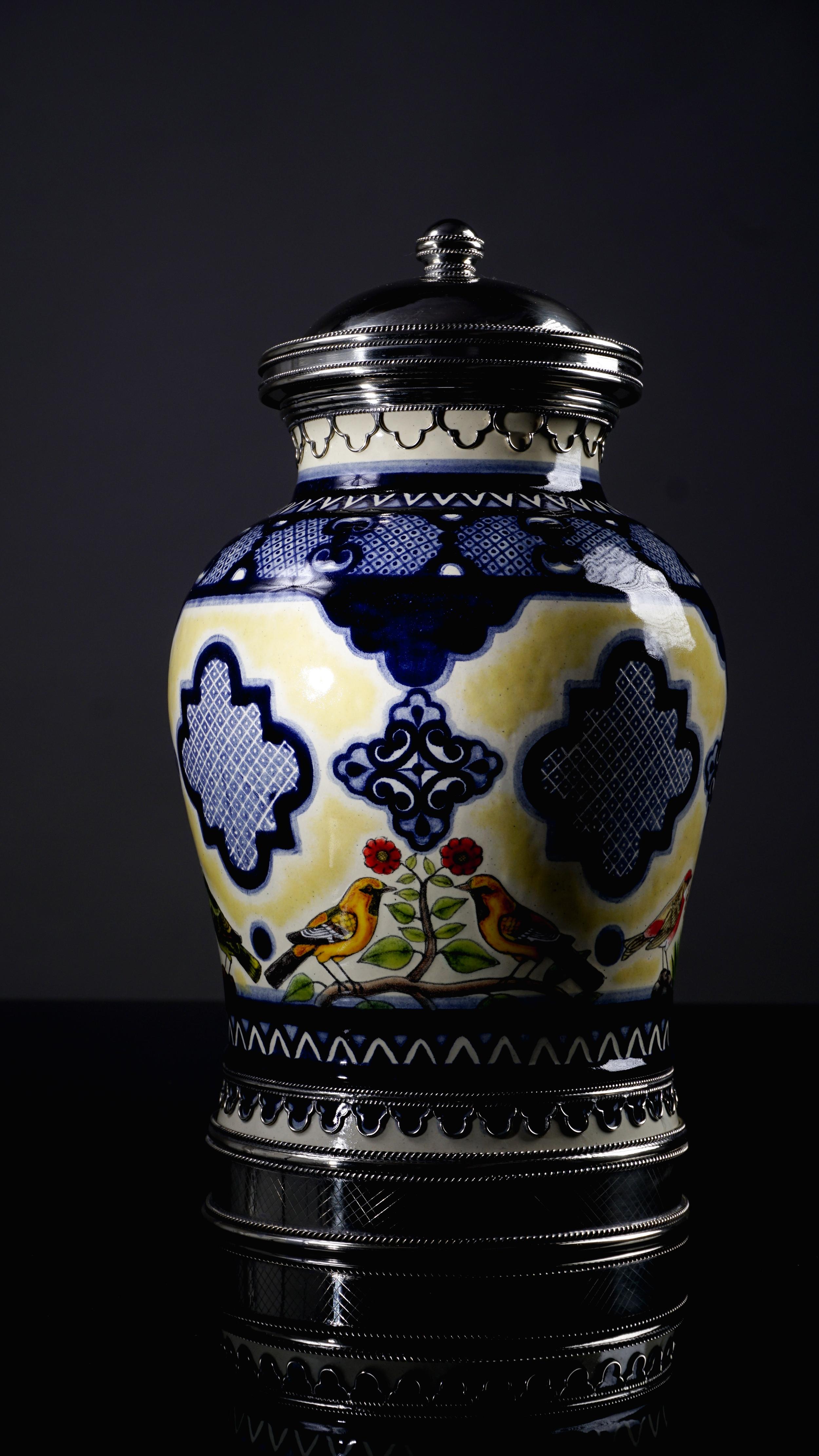 Mexican Ceramic and White Metal 'Alpaca' Jar with Hand Painted Motives