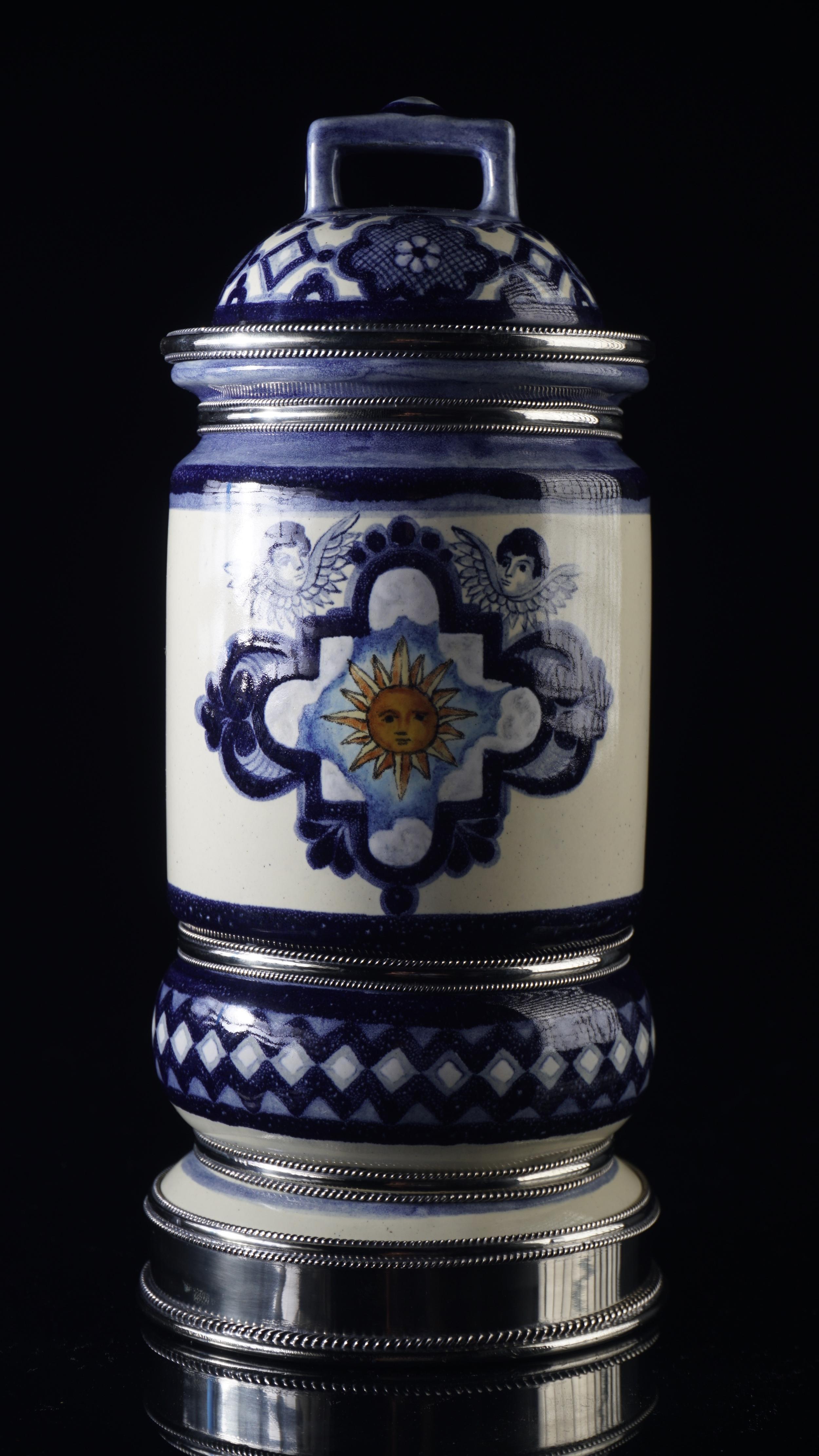 Mexican Ceramic and White Metal 'Alpaca' Jar with Hand Painted Motives For Sale