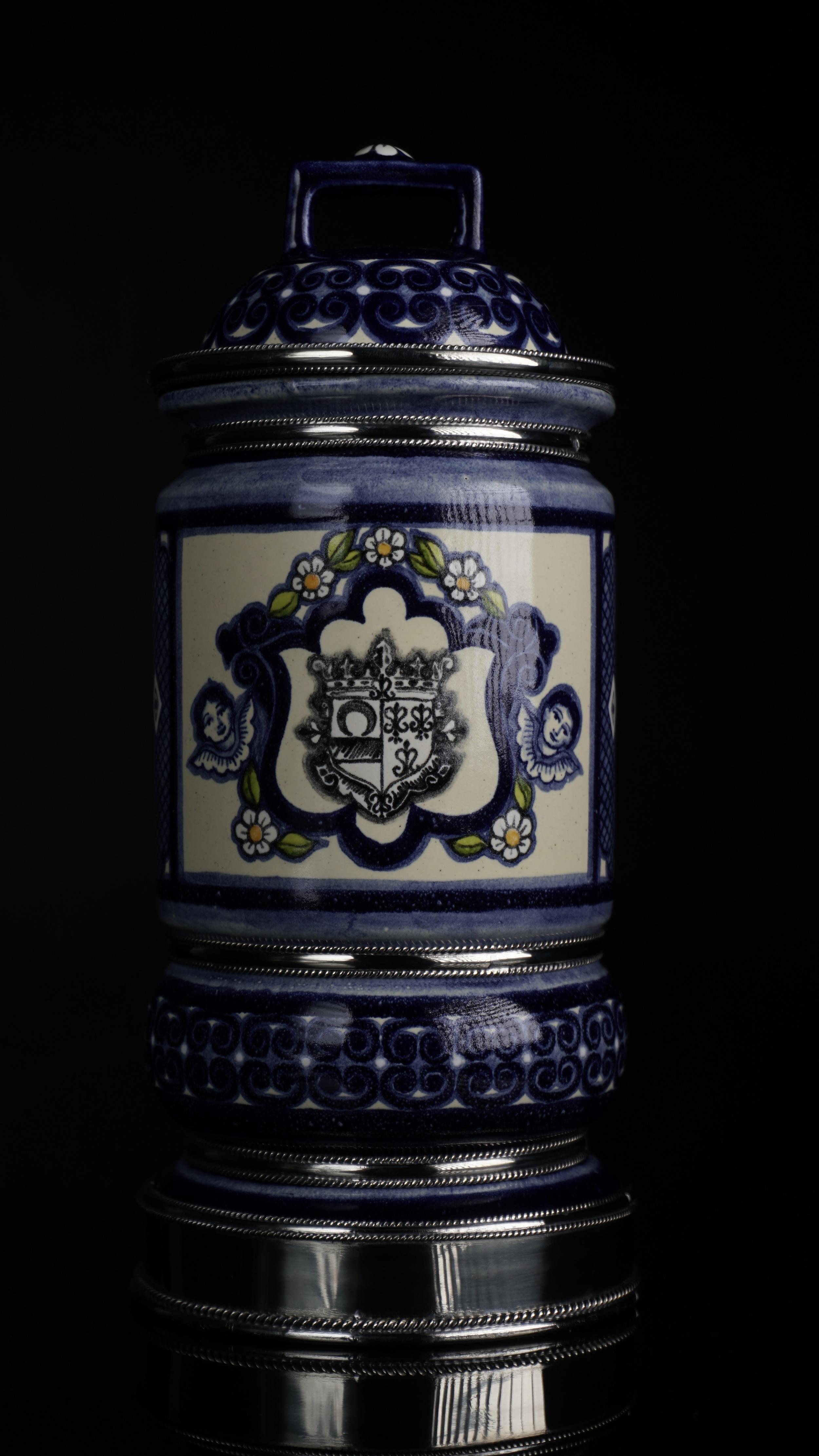 Mexican Ceramic and White Metal 'Alpaca' Jar with Hand Painted Motives For Sale