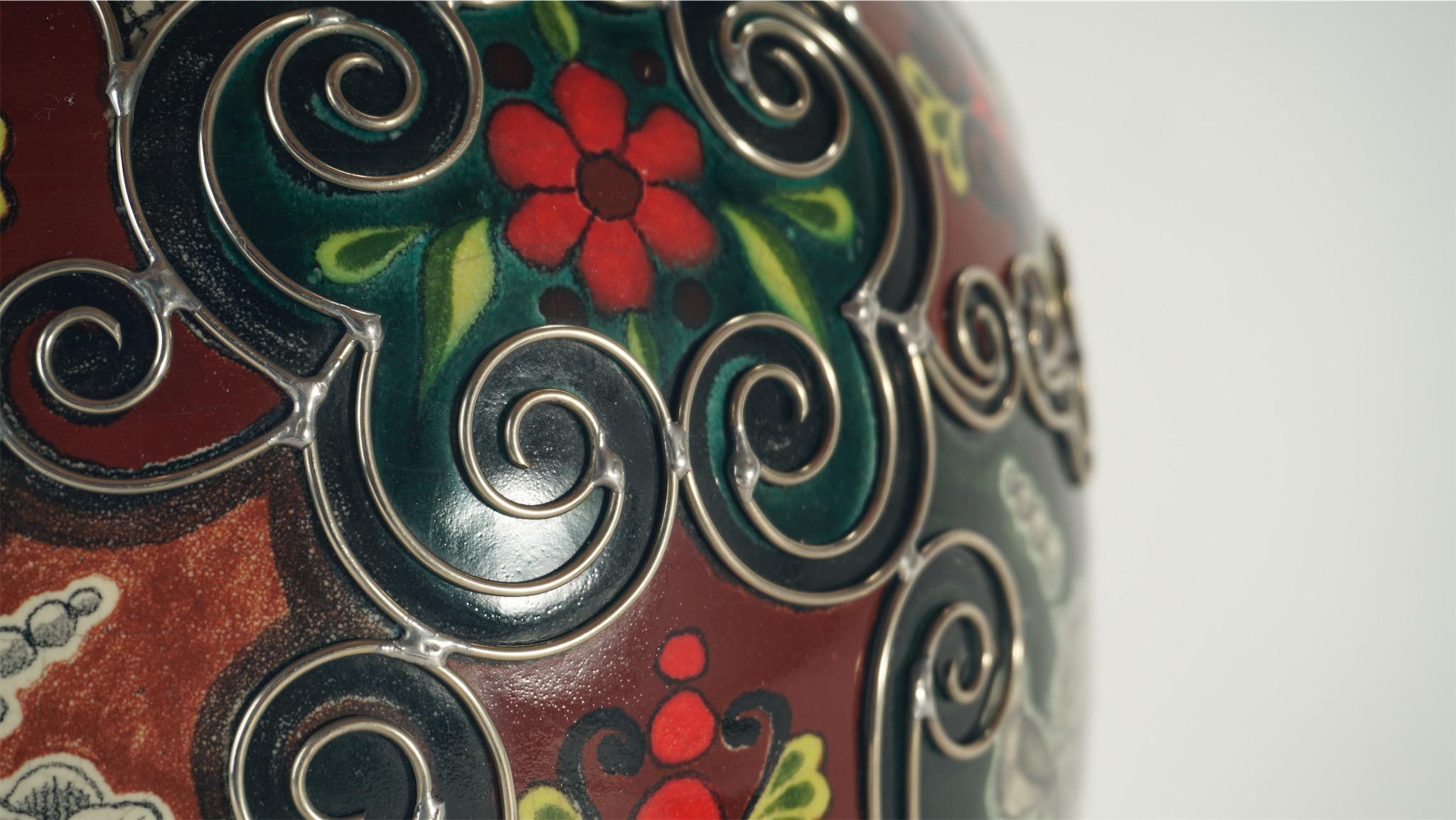 Hand-Painted Ceramic and White Metal 'Alpaca' Jar with Hand Painted Motives