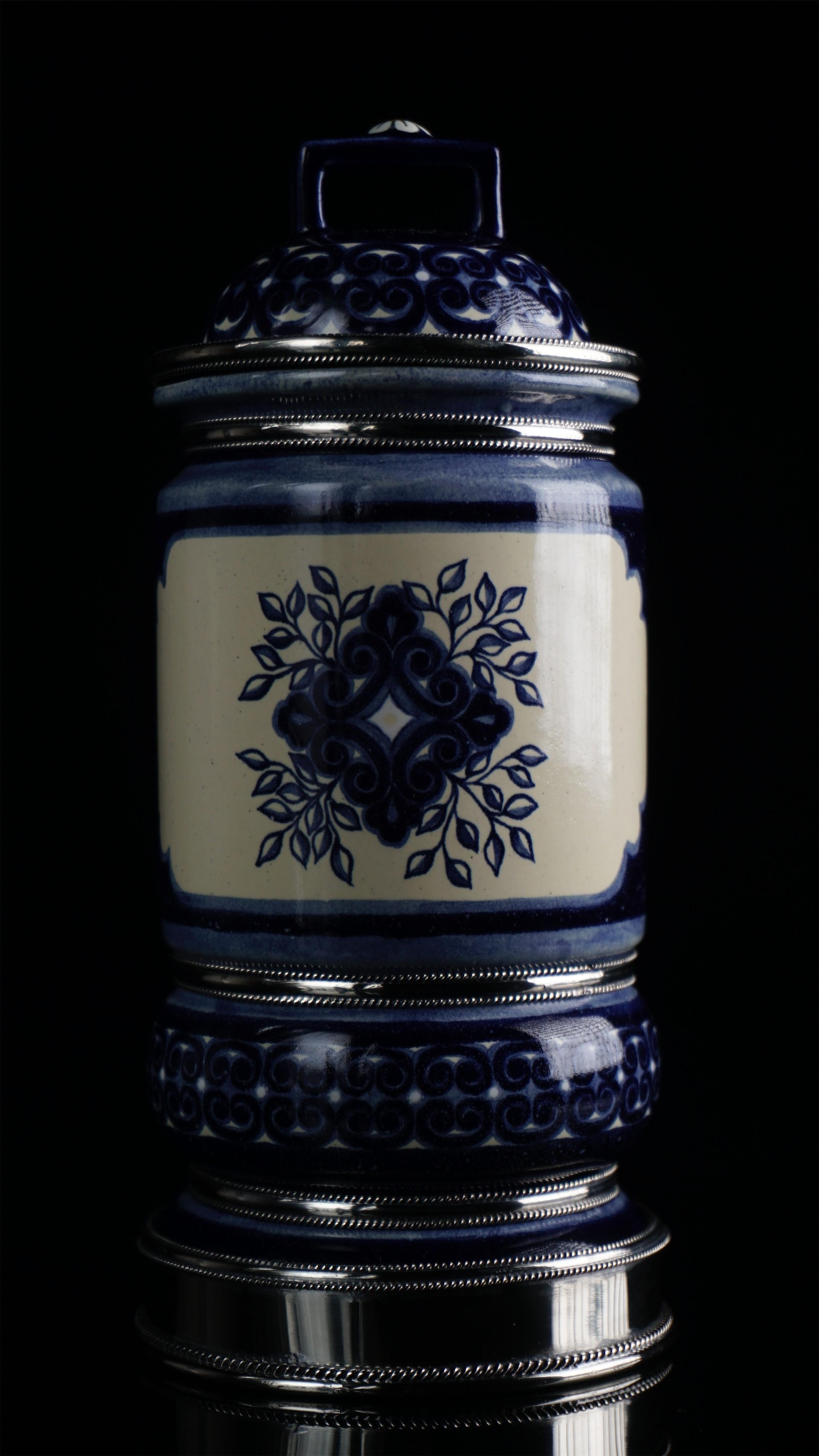 Hand-Painted Ceramic and White Metal 'Alpaca' Jar with Hand Painted Motives For Sale