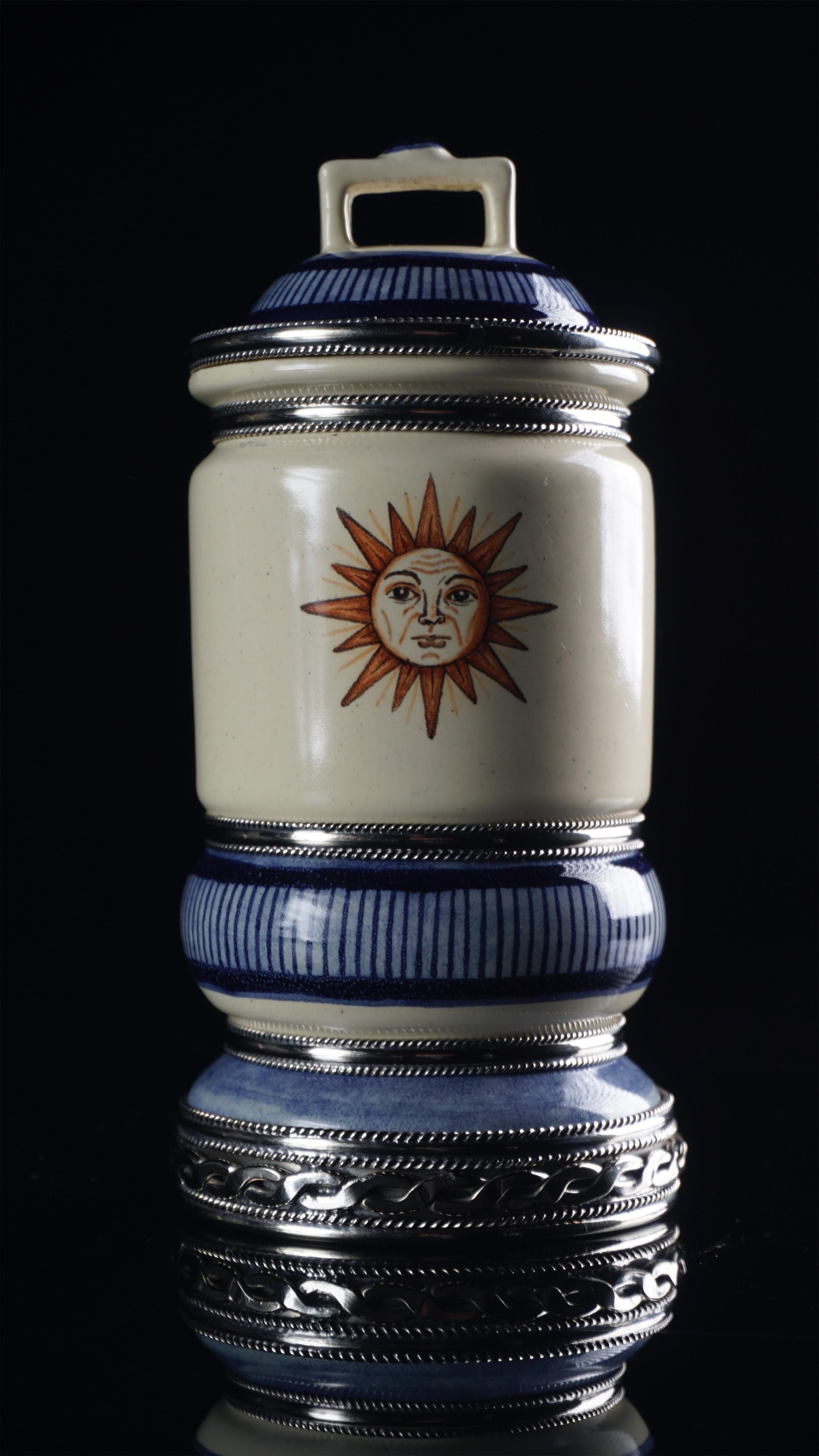 Glazed Ceramic and White Metal 'Alpaca' Jar with Hand Painted Motives  For Sale