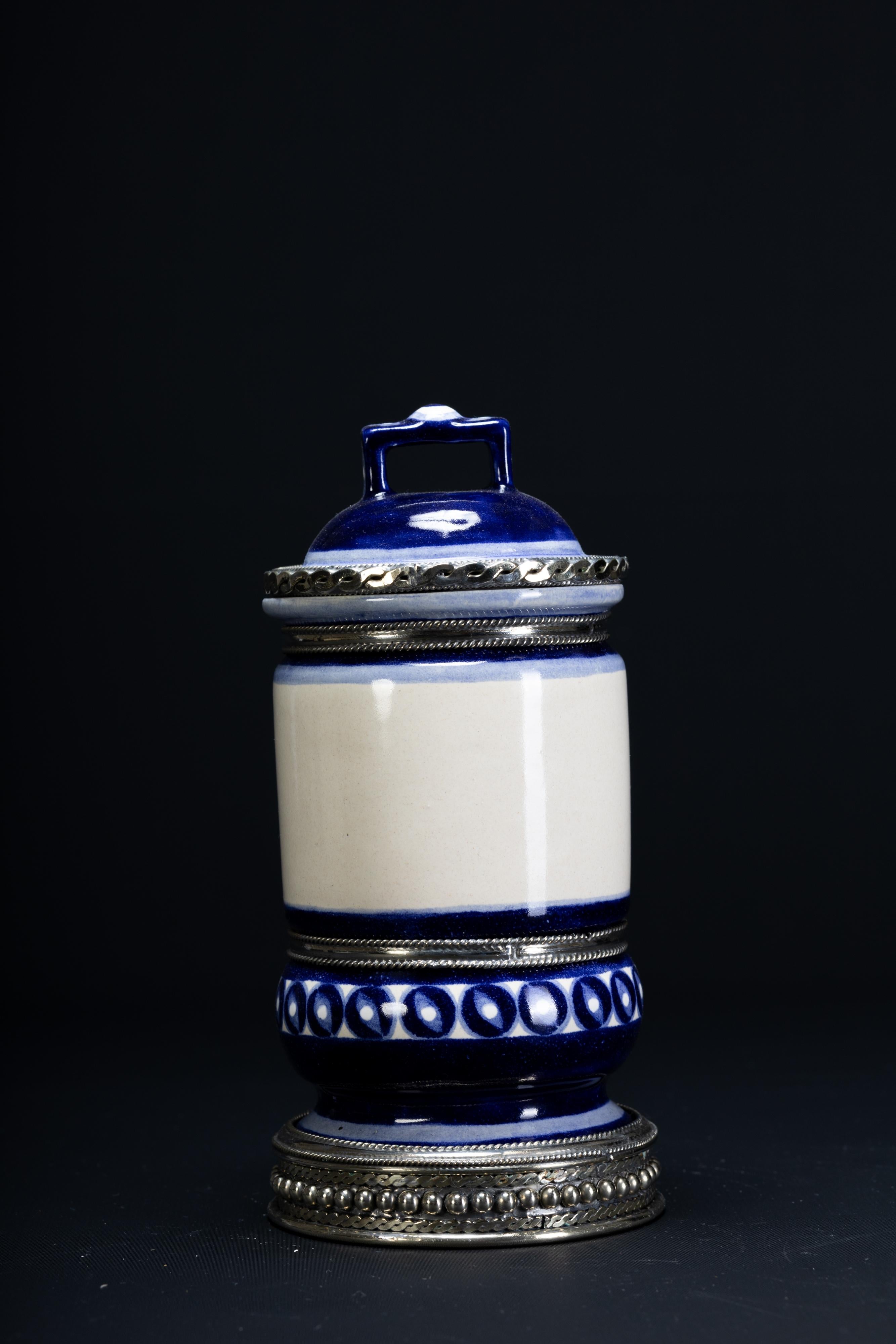 Embossed Ceramic and White Metal 'Alpaca' Jar with Hand Painted Motives For Sale
