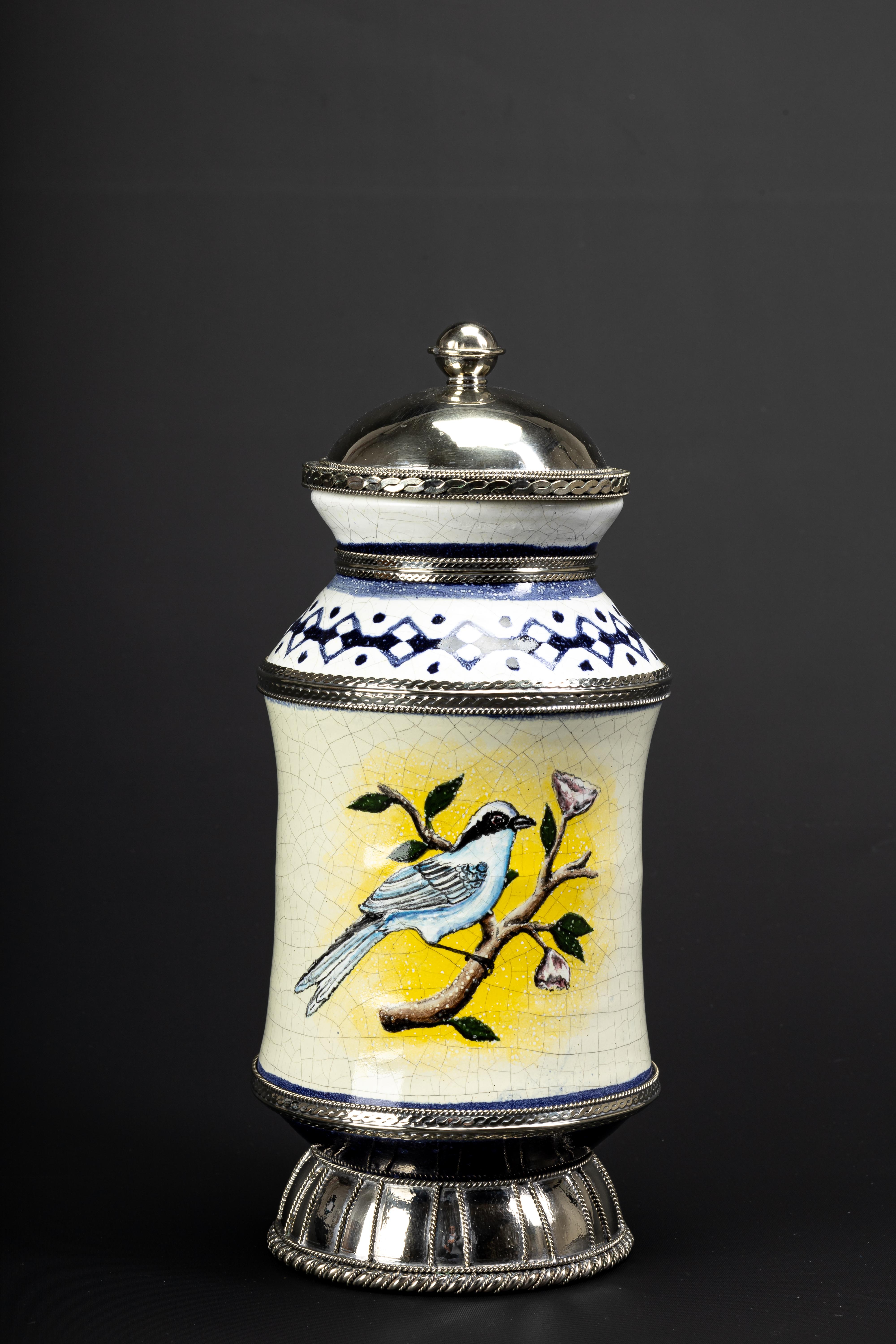 Embossed Ceramic and White Metal 'Alpaca' Jar with Hand Painted Motives