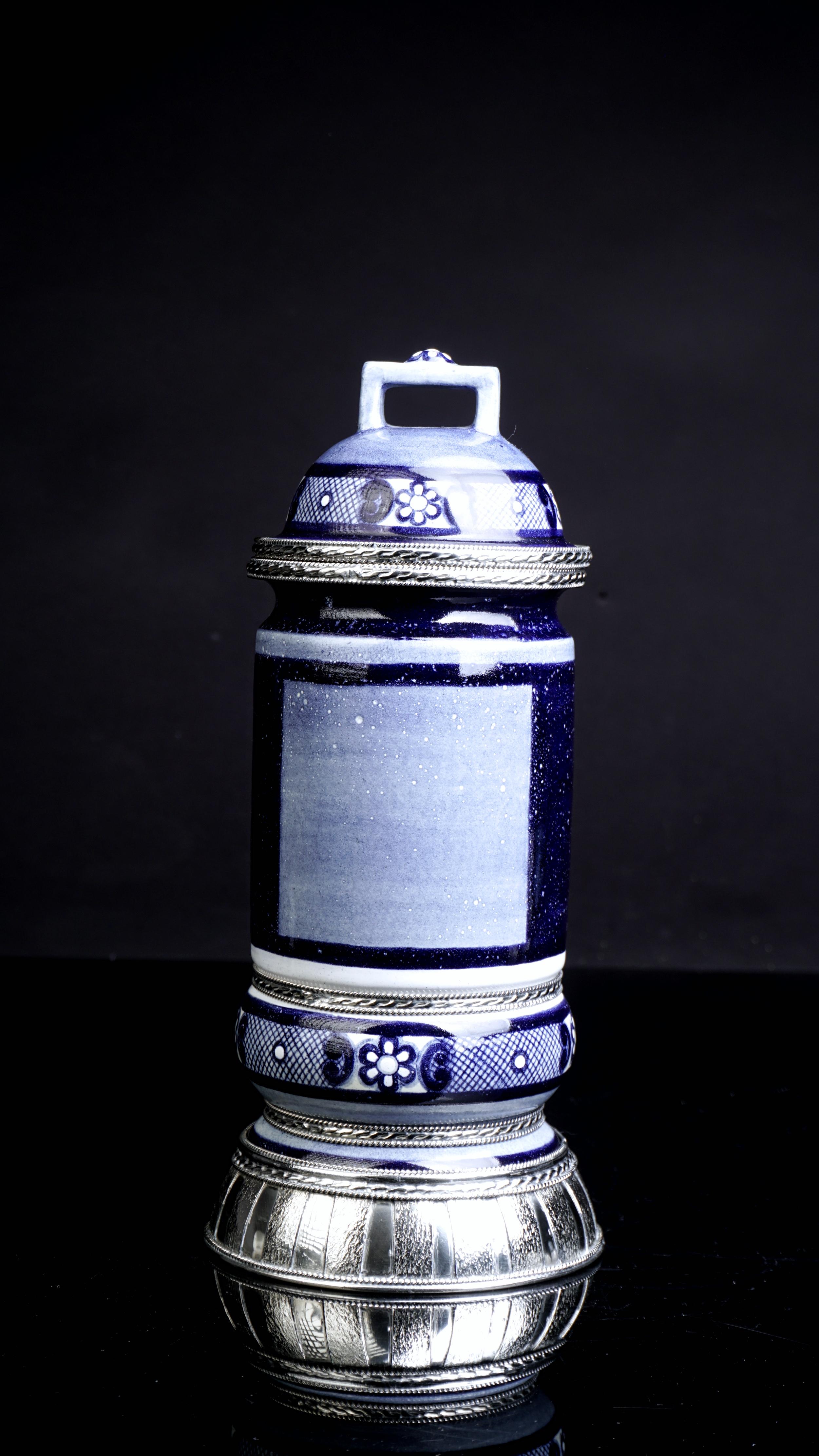 Ceramic and White Metal 'Alpaca' Jar with Hand Painted Motives In New Condition For Sale In Guadalajara, Jalisco