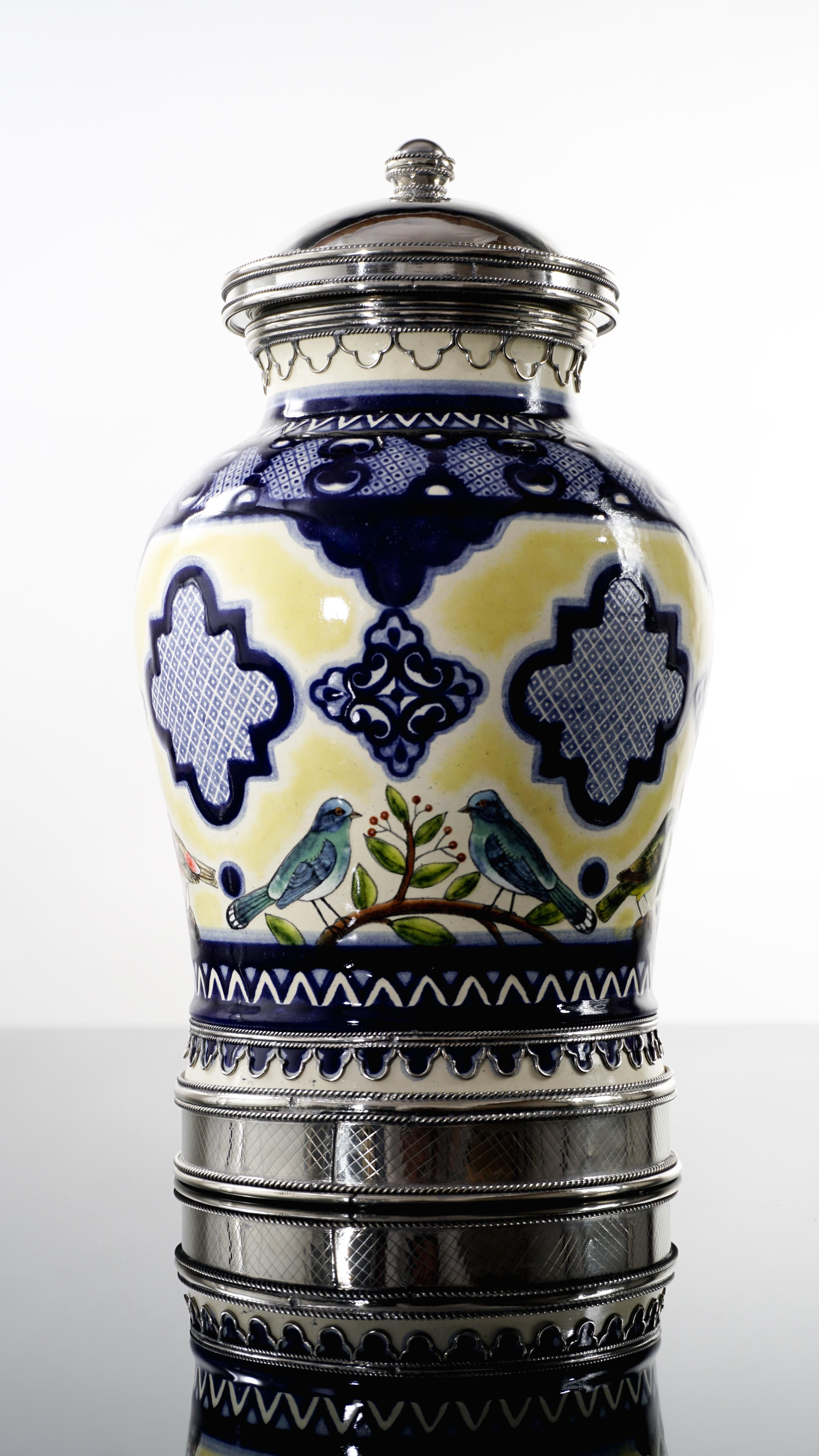 Ceramic and White Metal 'Alpaca' Jar with Hand Painted Motives In New Condition In Guadalajara, Jalisco