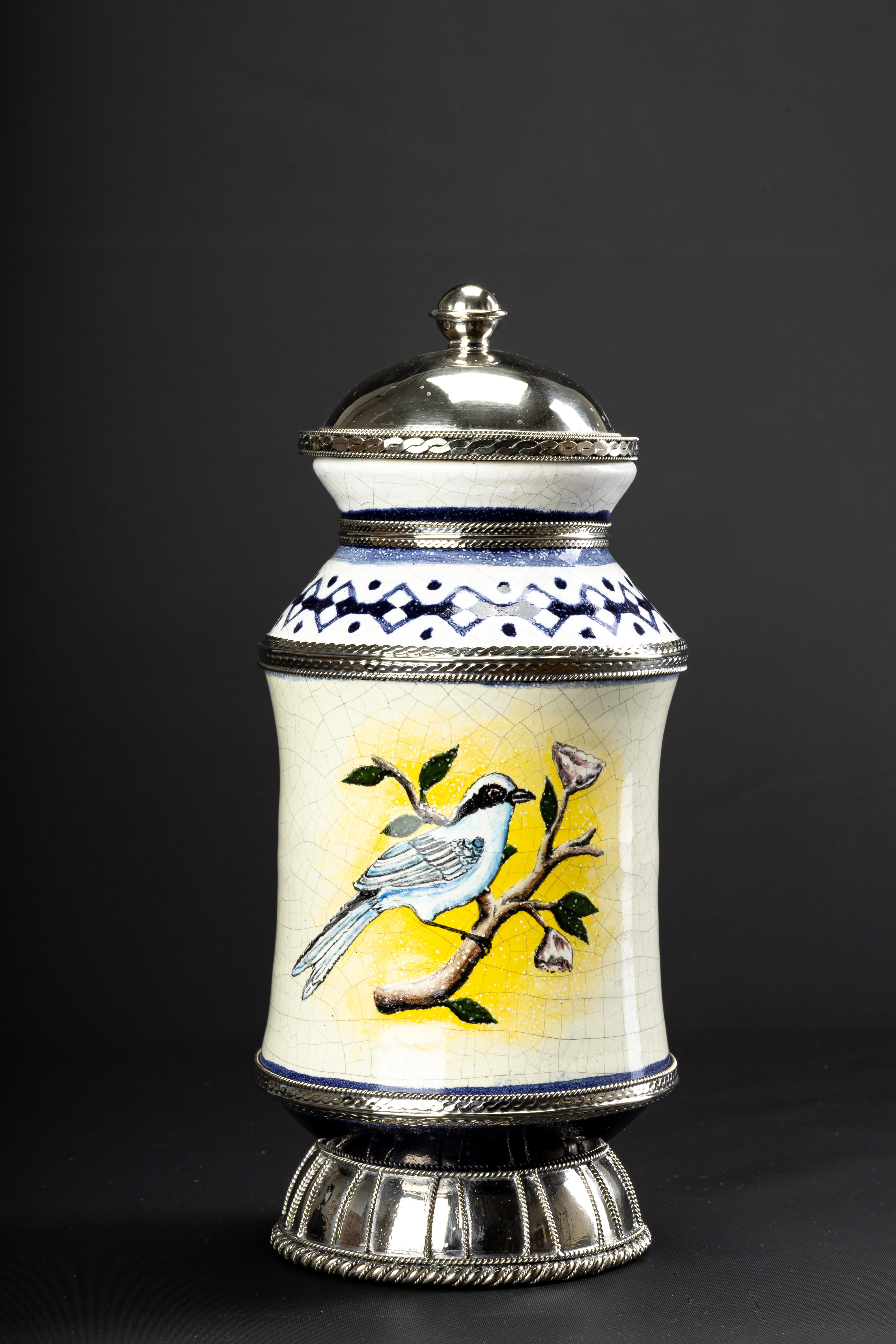 Ceramic and White Metal 'Alpaca' Jar with Hand Painted Motives In New Condition In Guadalajara, Jalisco