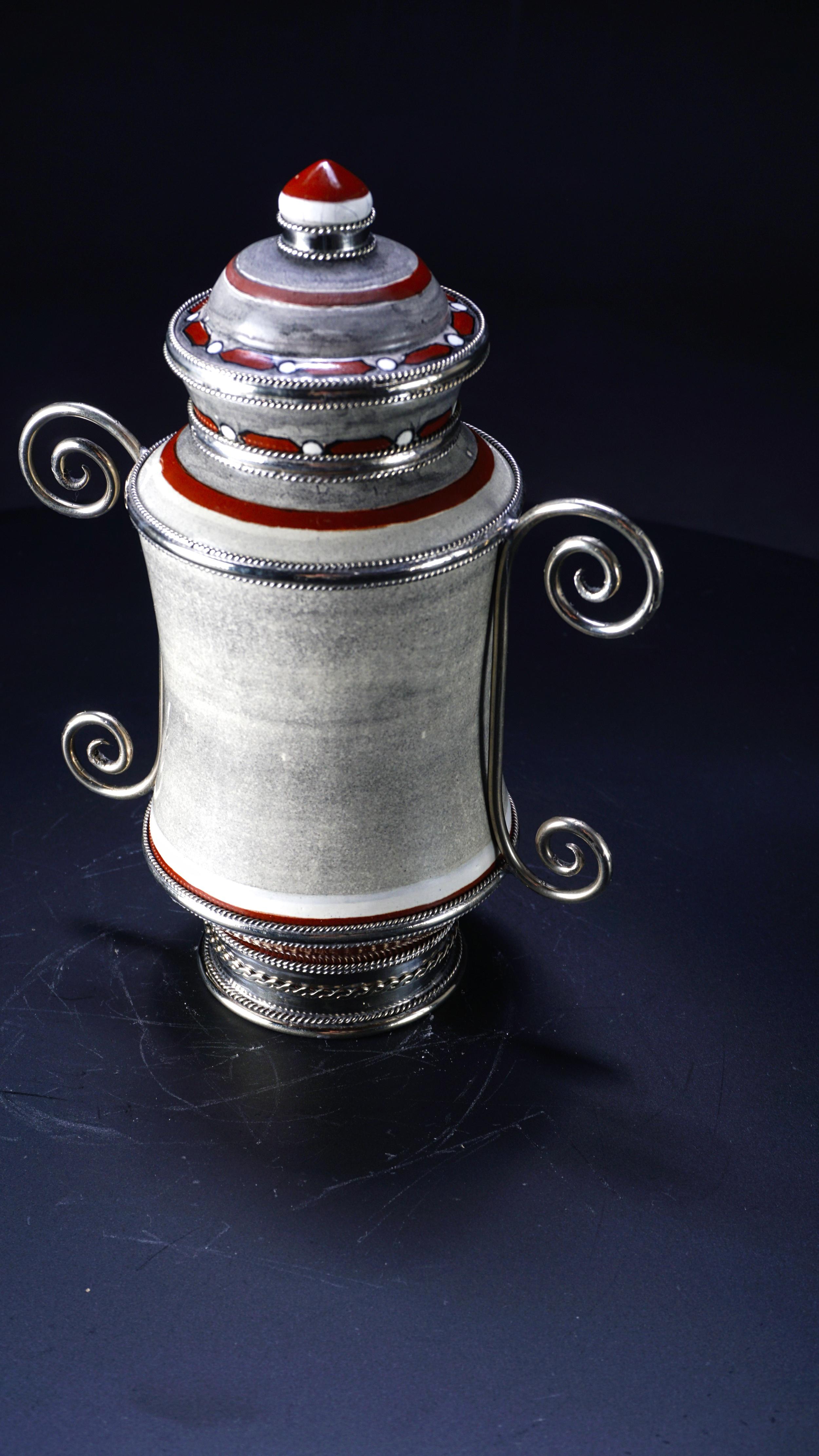 Contemporary Ceramic and White Metal 'Alpaca' Jar with Hand Painted Motives