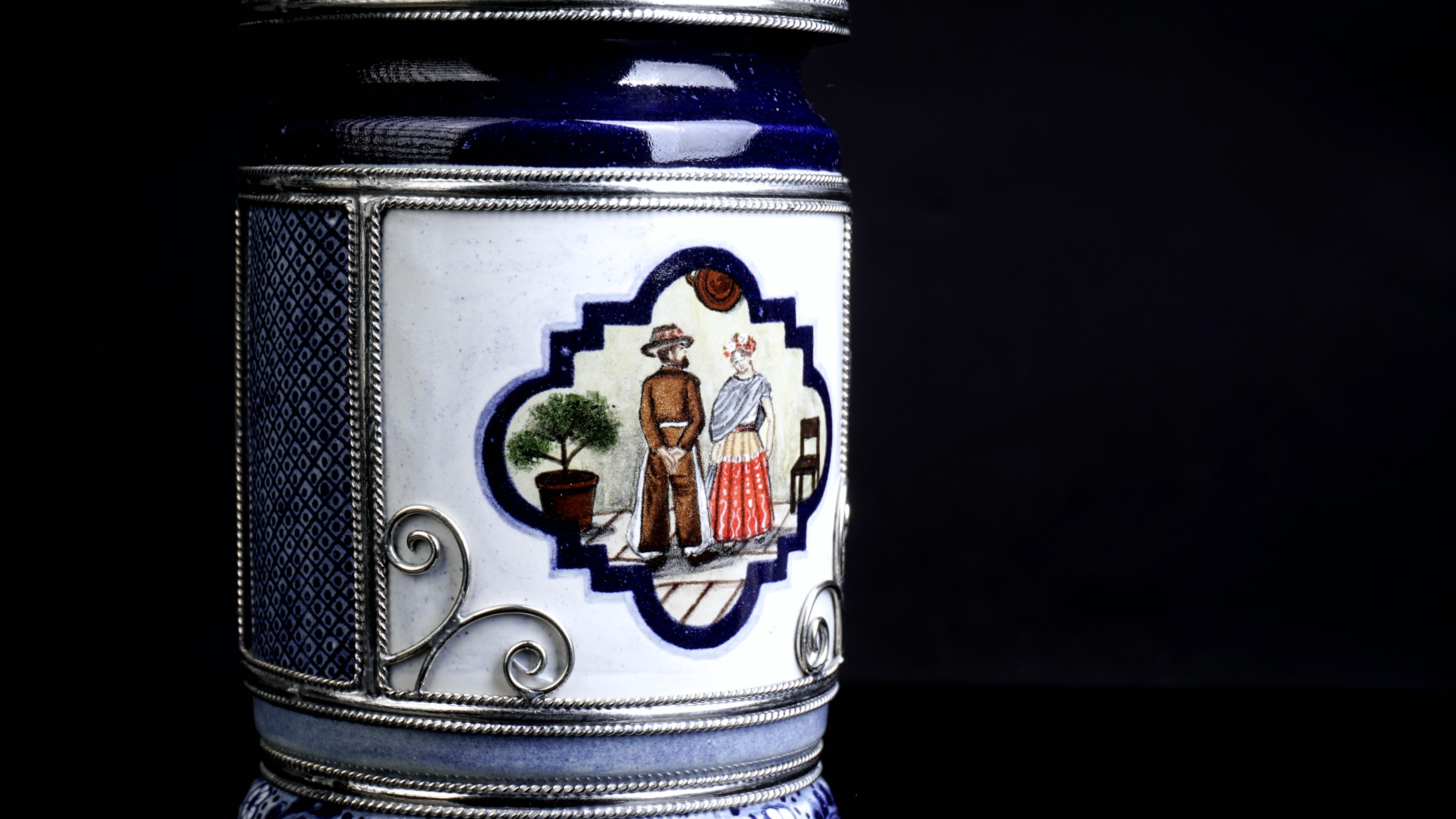 Ceramic and White Metal 'Alpaca' Jar with Hand Painted Motives 1