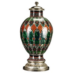 Ceramic and White Metal 
Alpaca
 Jar with Hand Painted Motives