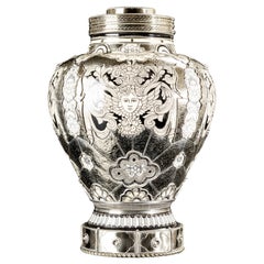 Ceramic and White Metal 
Alpaca
 Jar with Hand Painted Motives